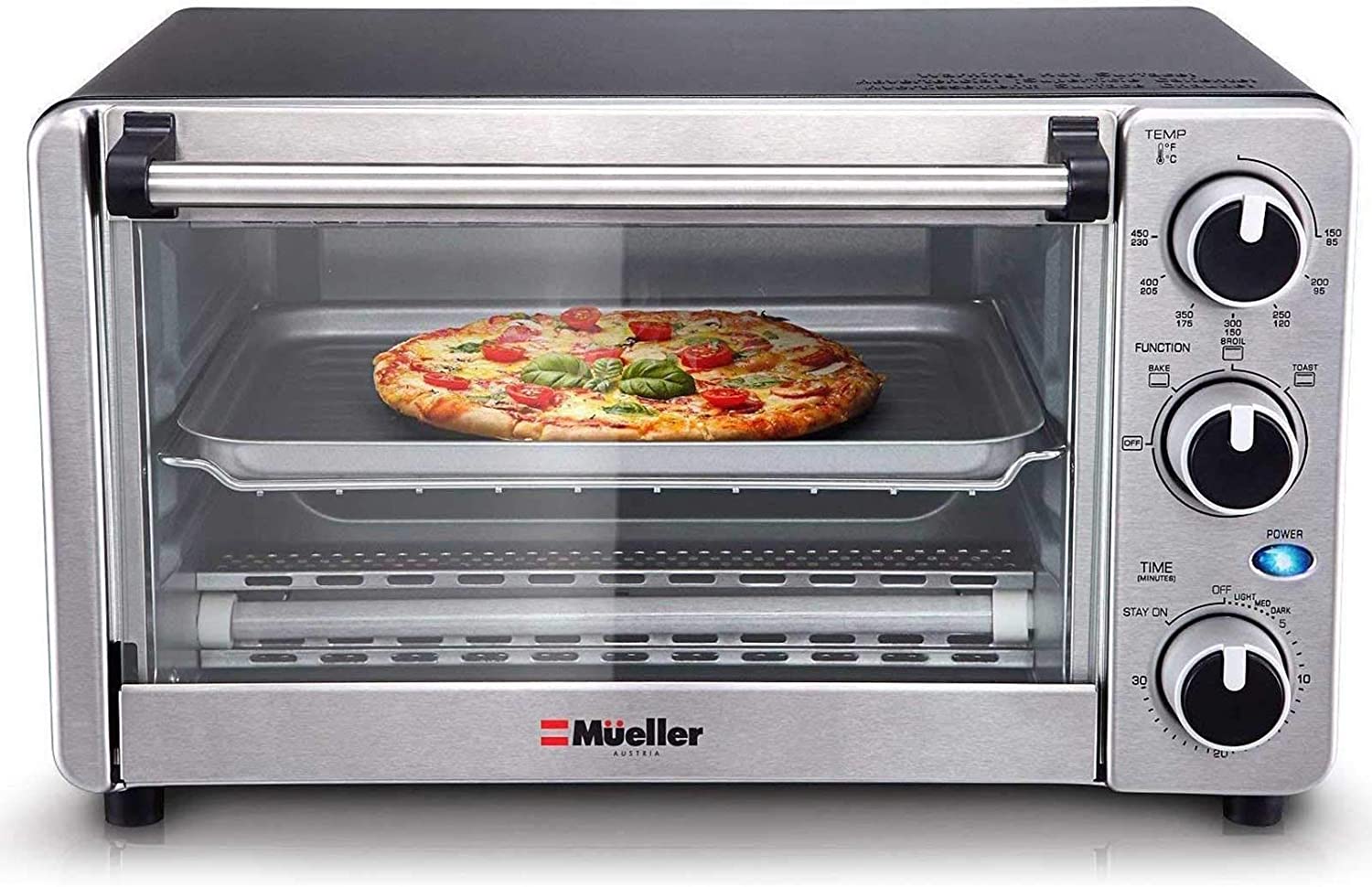 Mueller Austria Toaster Oven 4 Slice. Multi-function Stainless Steel Finish with Timer - Toast - Bake - Broil Settings. Natural Convection - 1100 Watts of Power. Includes Baking Pan and Rack