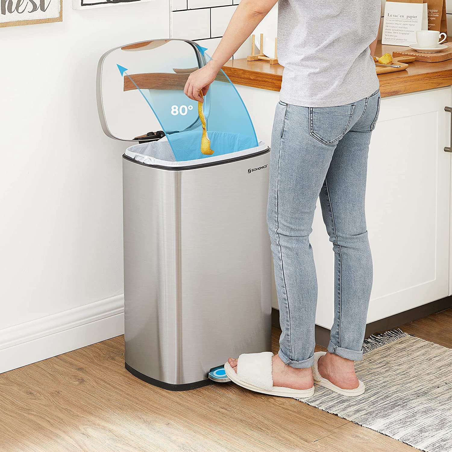 SONGMICS Kitchen Trash 13.2 Gallons (50L) Garbage Can Pedal Rubbish Bin with Plastic Inner Bucket Silver