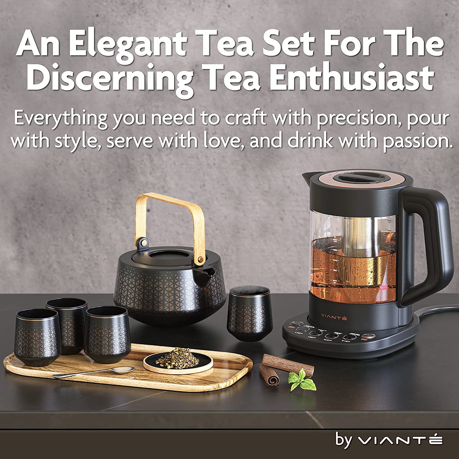 Vianté Luxury Tea Party Set. Complete with Automatic Tea Maker with Tea Infuser for loose tea or tea bags. Ceramic serving set. Tea pot. tea cup set and wooden tray. Excellent gift for tea lovers.