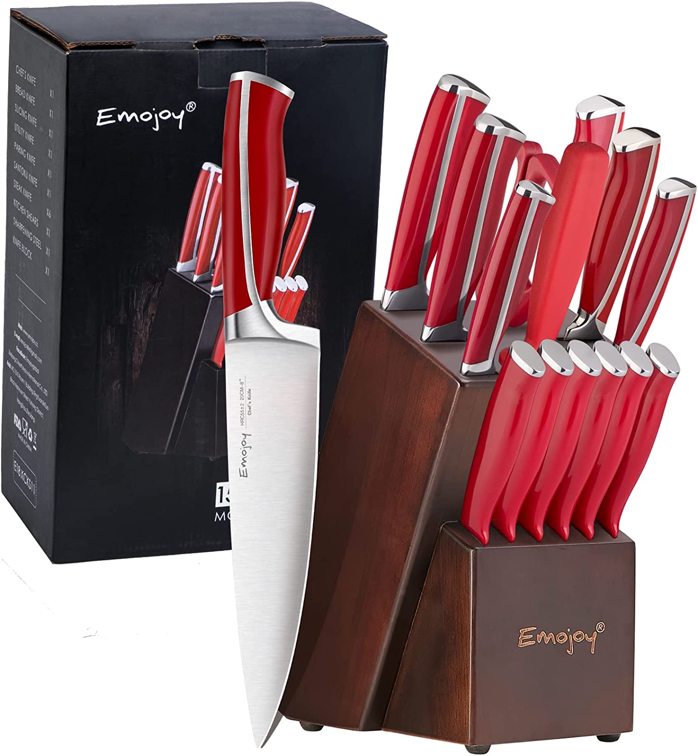 Knife Set. Emojoy 15 Piece Kitchen Knife Set with Block Wooden. German Stainless Steel Sharp Chef Knife Set with Sharpener. dishwasher safe and rust proof. Red