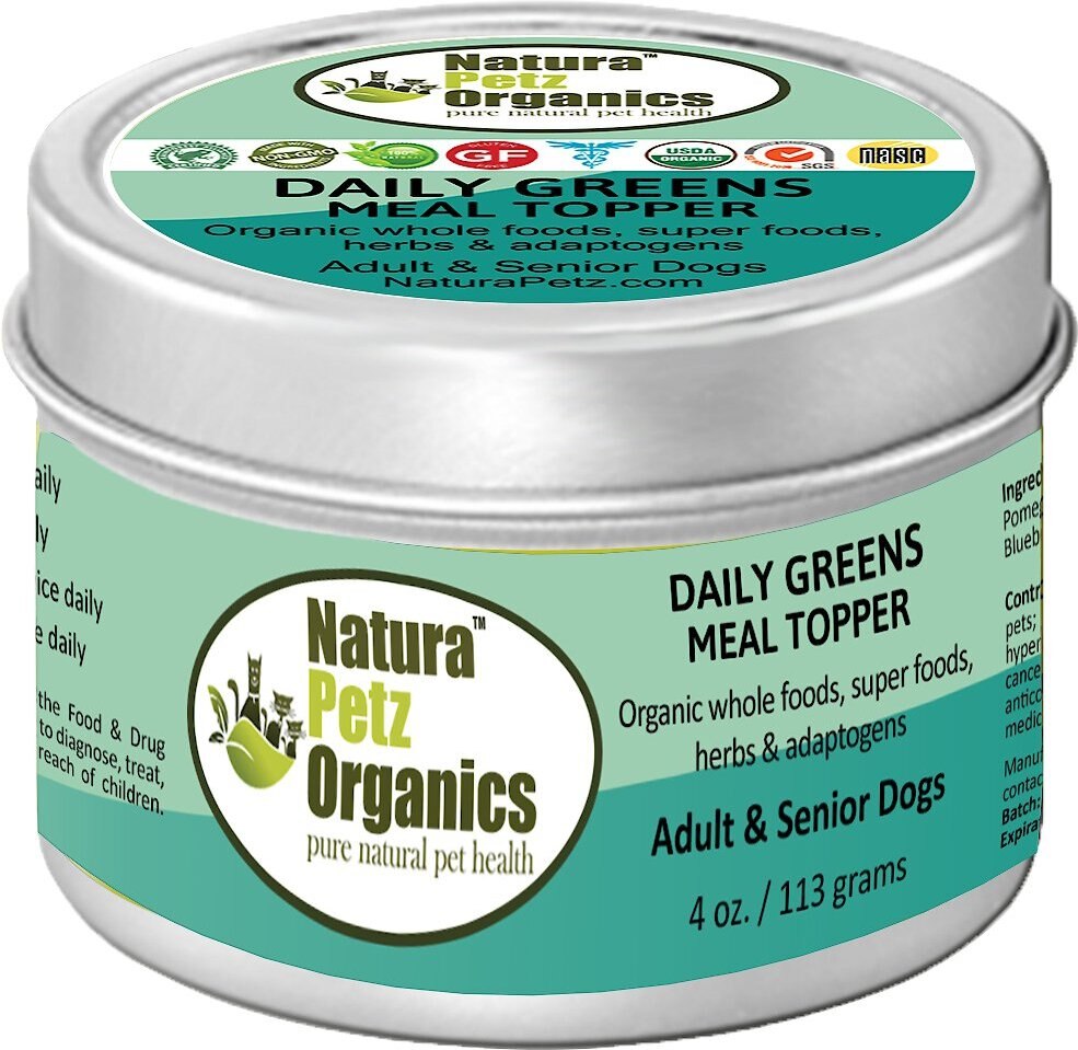 Natura Petz Organics Daily Greens Turkey Flavored Powder Immune Supplement for Dogs. 4-oz tin
