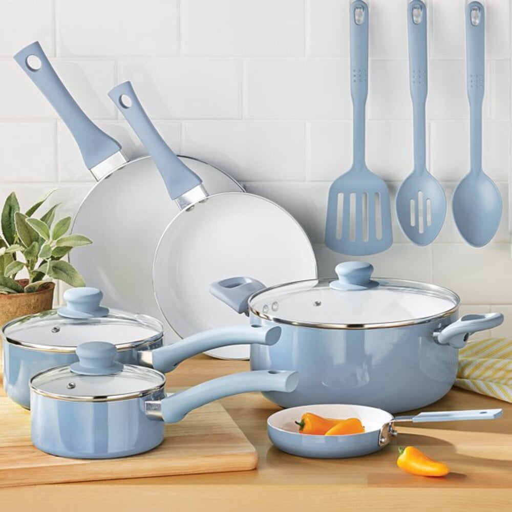 Mainstays 12pc Ceramic Cookware Set. Blue Linen