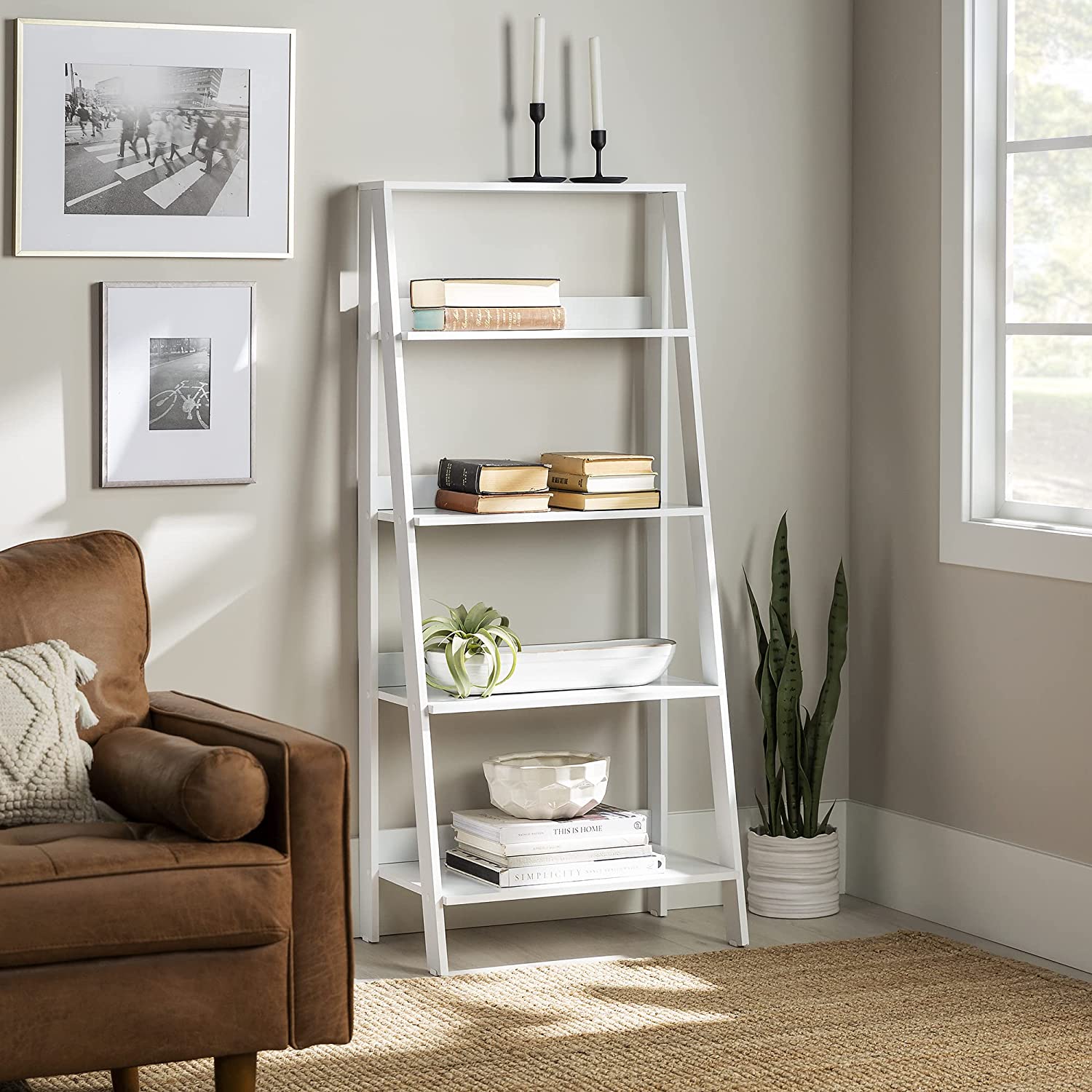 Walker Edison Sophia Modern 4 Shelf Ladder Bookcase. 55 Inch. White