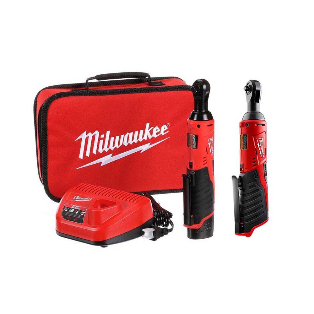 Milwaukee 2457-21-2456-20 M12 12V Lithium-Ion Cordless 3/8 in. and 1/4 in. Ratchet Kit (2-Tool) with Battery. Charger and Bag