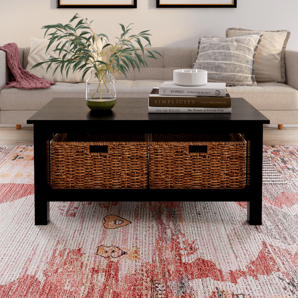 Woven Paths Traditional Storage Coffee Table with Bins. Black