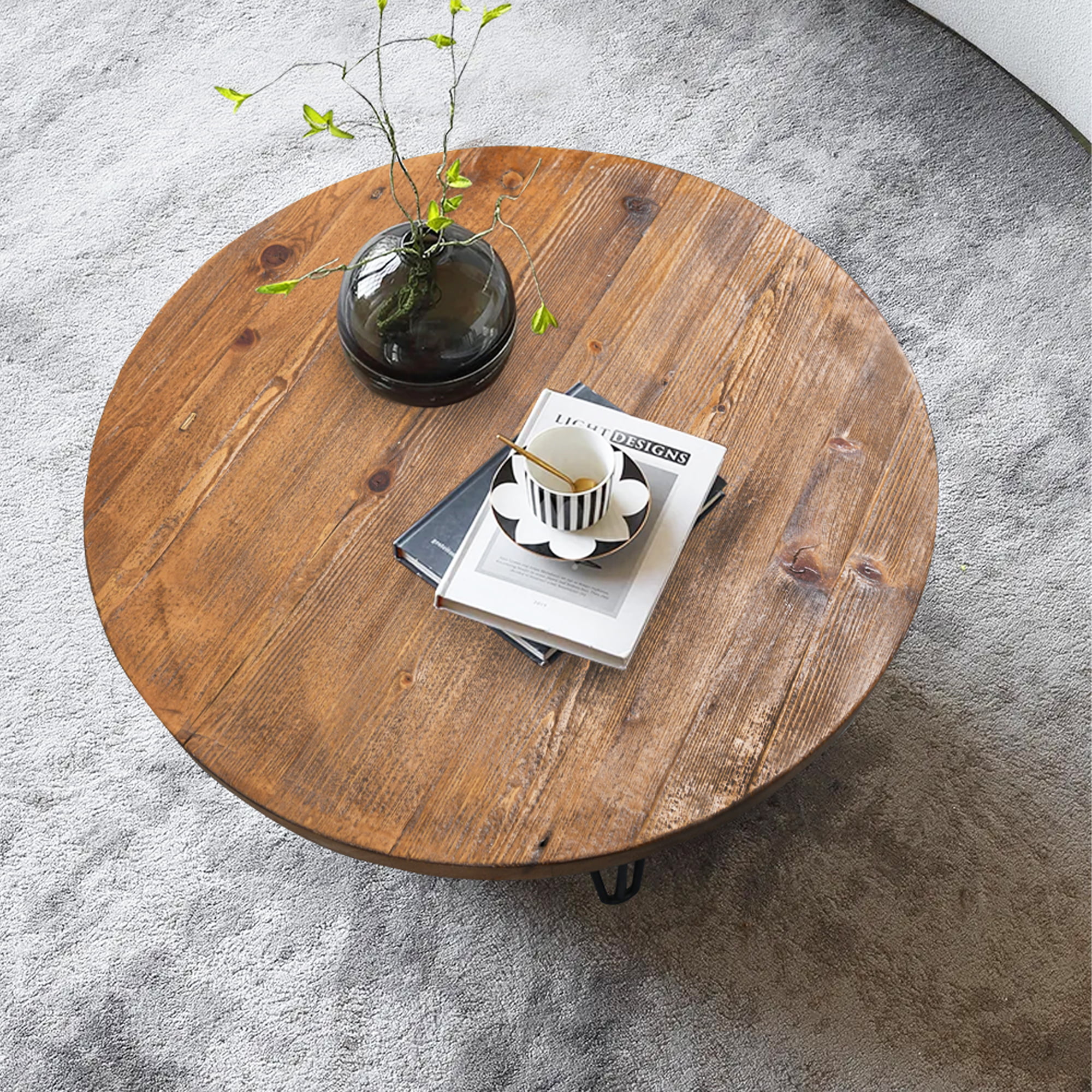 Greenage Old Pine Wood Round Coffee Table-27.6″x27.6″x15.5″H
