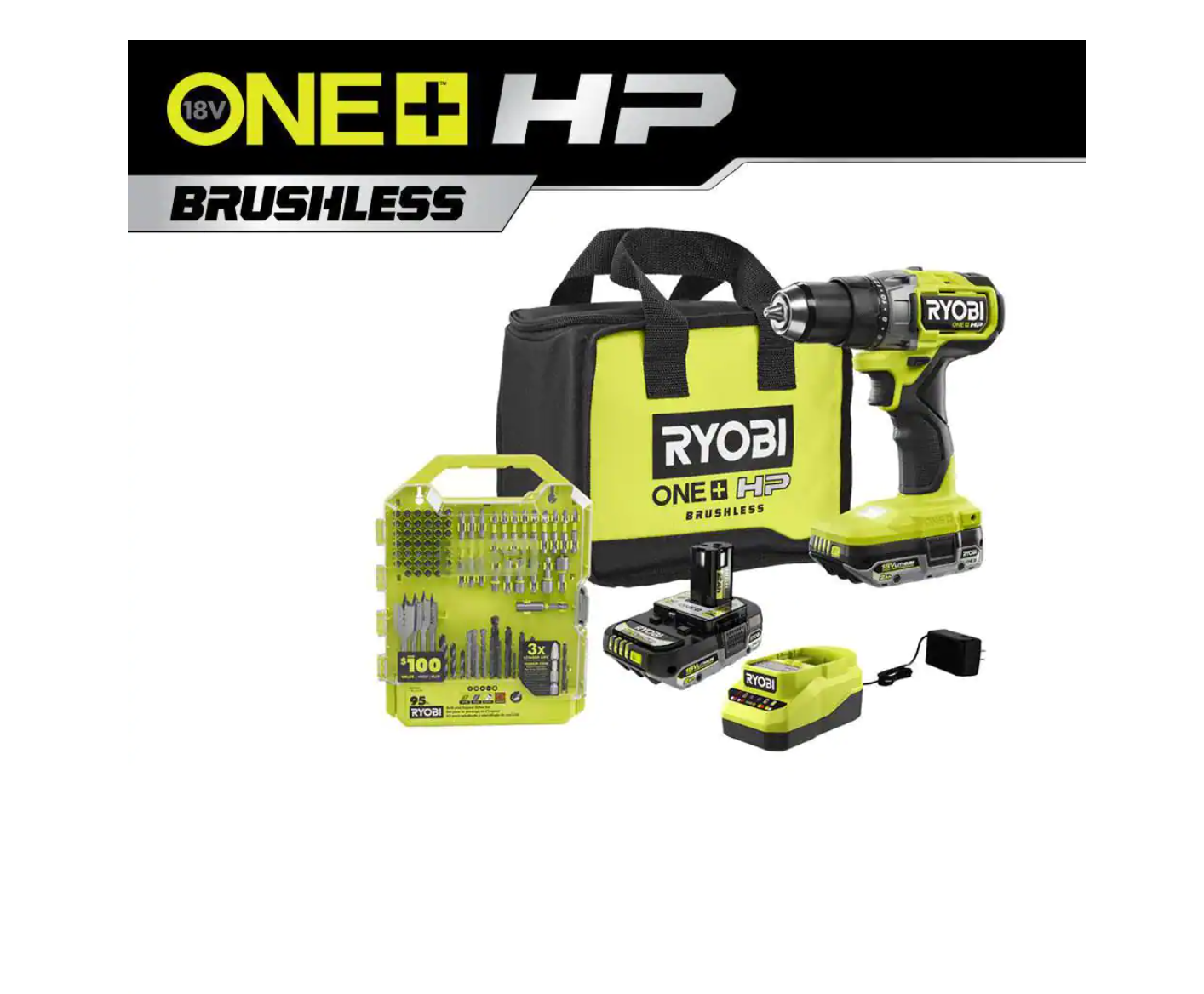 RYOBI PBLDD01K-A989504 ONE+ HP 18V Brushless Cordless 1/2 in. Drill/Driver Kit w/(2) Batteries. Charger. Bag. & Drill and Drive Kit (95-Piece)