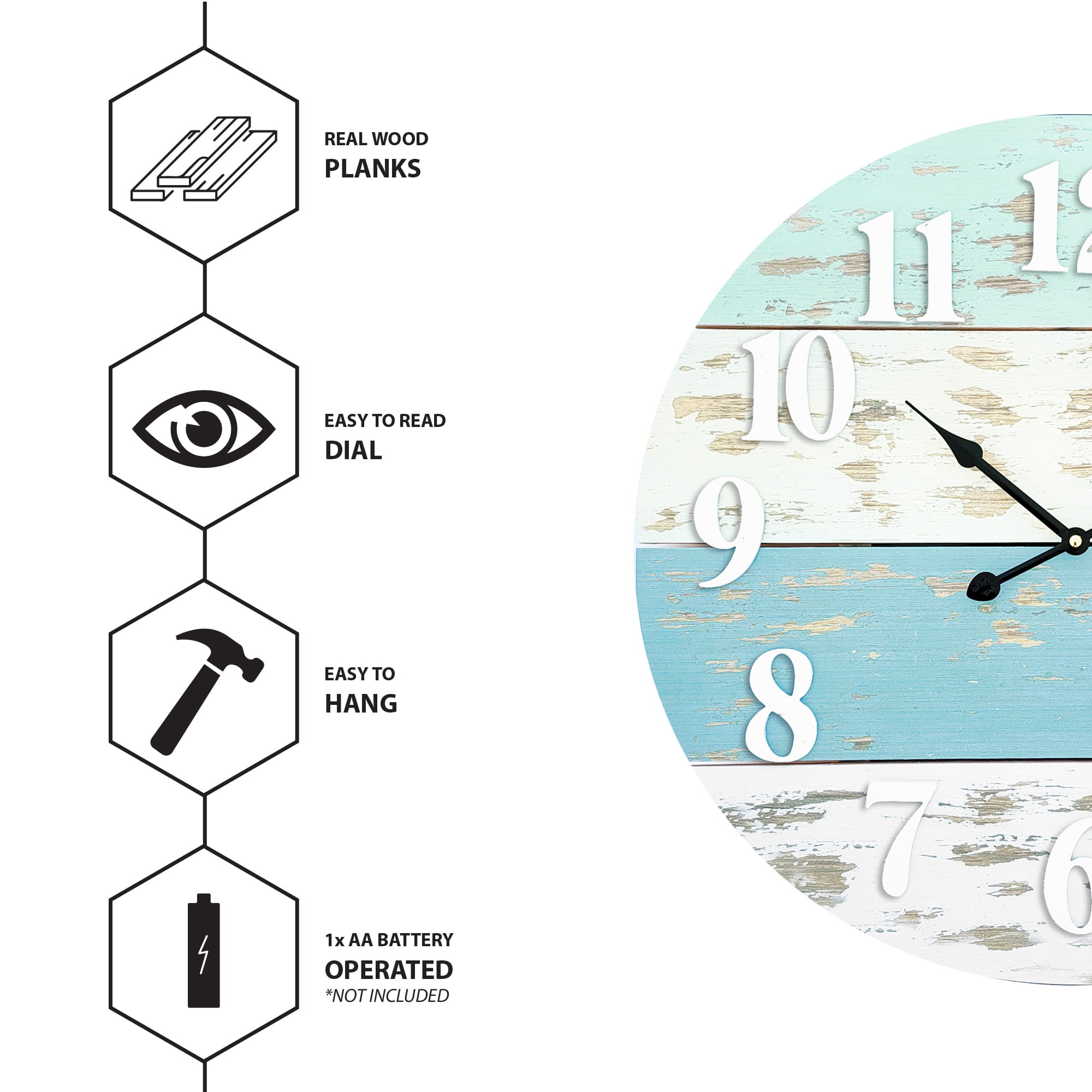 Mainstays 20″ Farmhouse Coastal Blue Wood Round Wall Clock