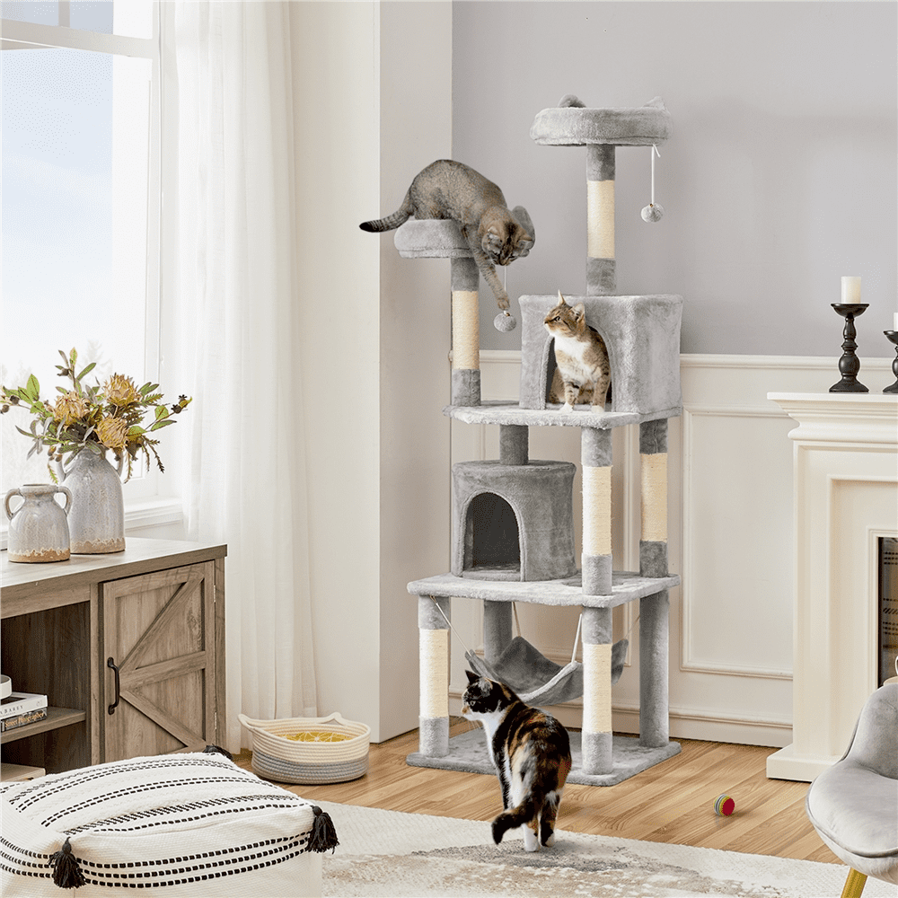 SMILE MART 70.5″H Multi Level Cat Tower Tree with 2 Condos & 2 Foam-Padded Perches for Medium/Large Cats. Light Gray