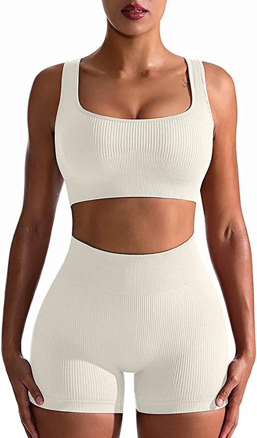 OQQ Workout Outfits for Women 2 Piece Seamless Ribbed High Waist Leggings with Sports Bra Exercise Set. Beige