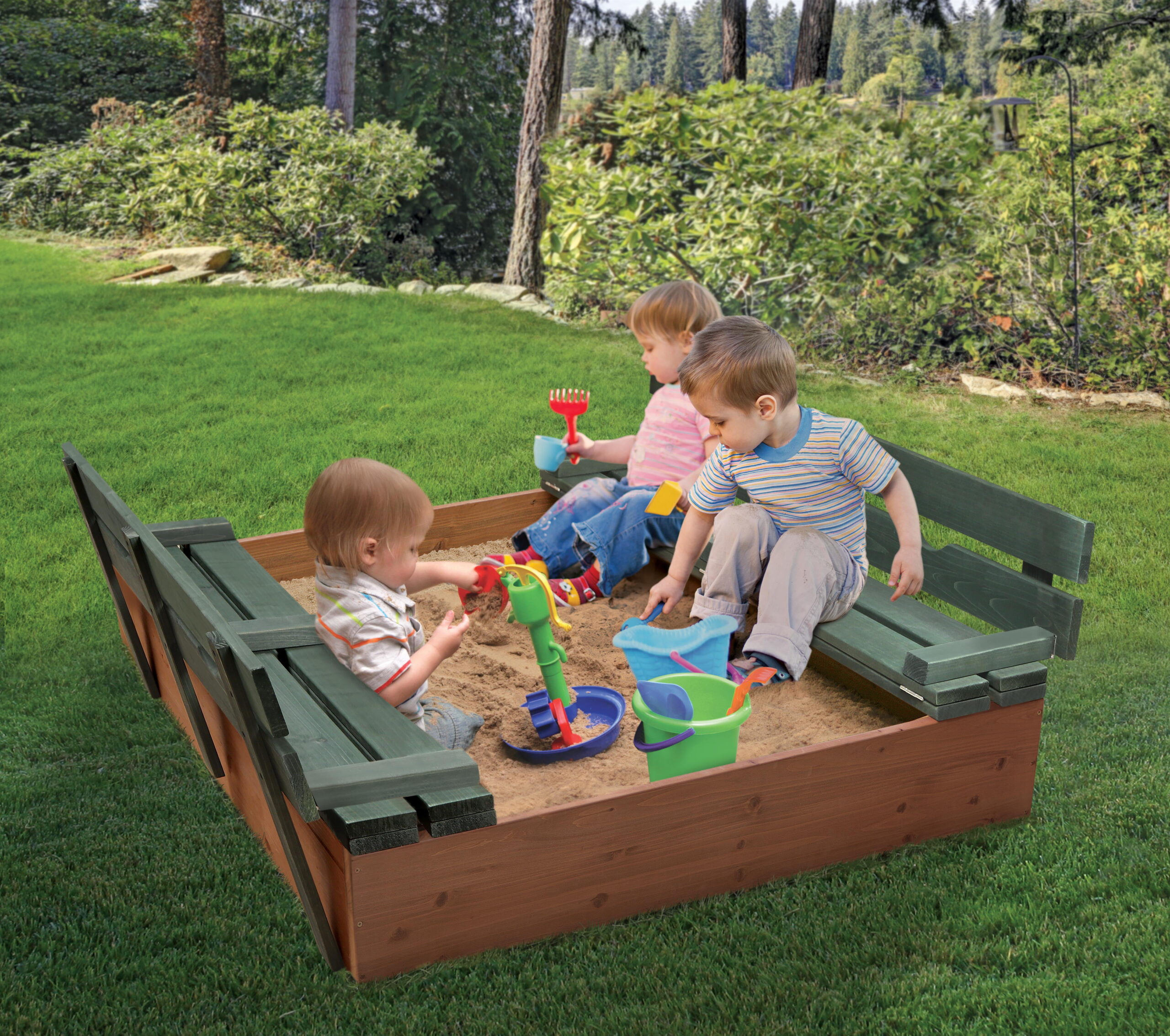 Badger Basket Covered Convertible Cedar Sandbox with Two Bench Seats - Natural/Green
