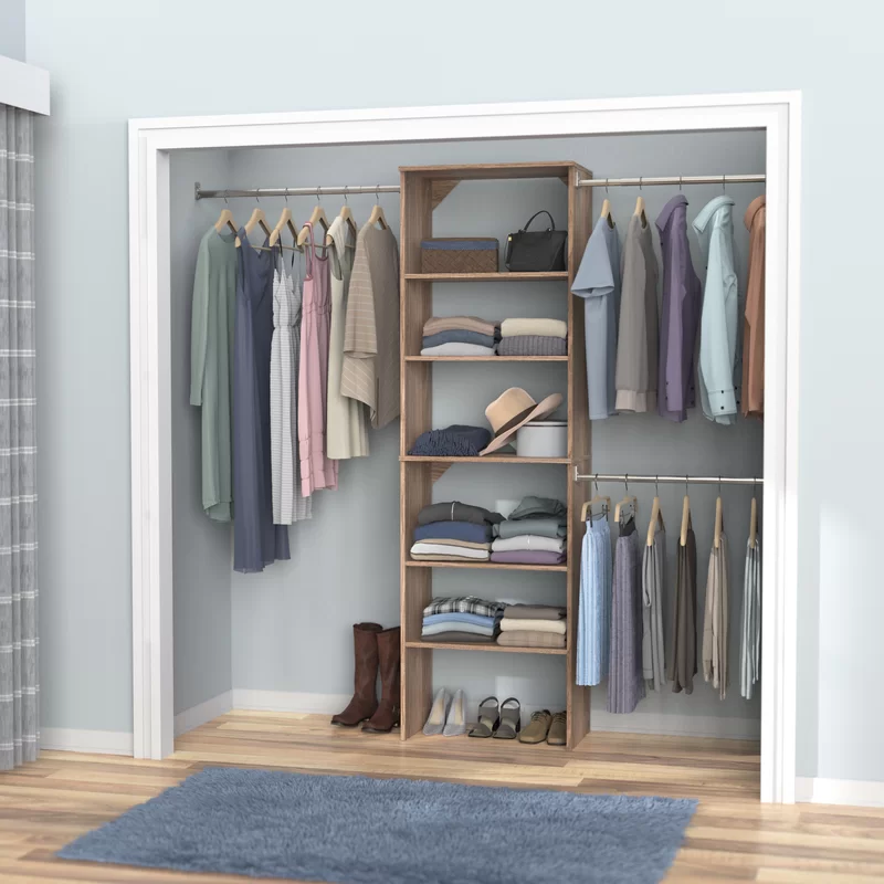 ClosetMaid 28882 SuiteSymphony Wood Closet Organizer Starter Kit with Tower and 3 Hang Rods. Shelves. Adjustable. Fits Spaces 5 – 10 ft. Wide. Natural Gray. 25″