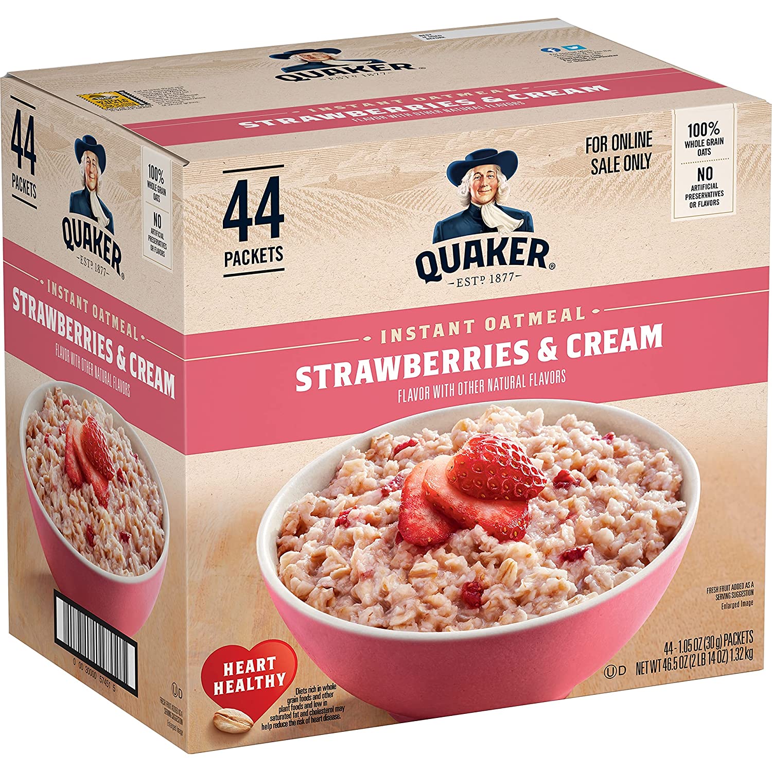 Quaker Instant Oatmeal. Strawberries & Cream. 1.05 Oz. Pack of 44