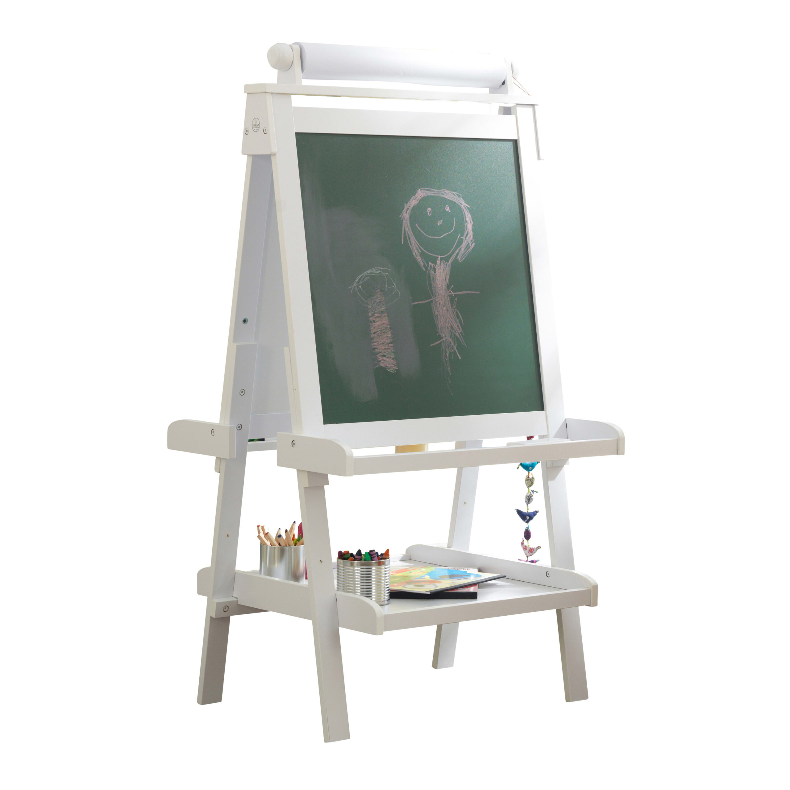 KidKraft Deluxe Wooden Easel with Chalkboard and Dry Erase Surfaces. Paper Roll and Paint Cups - White