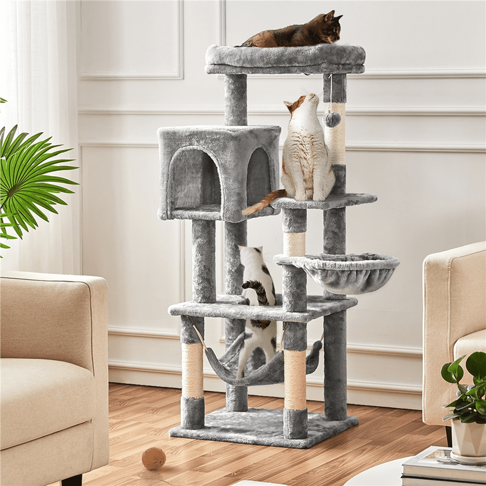 SMILE MART 51.5″ Cat Tree with Climbing Hole and Condo. Light Gray