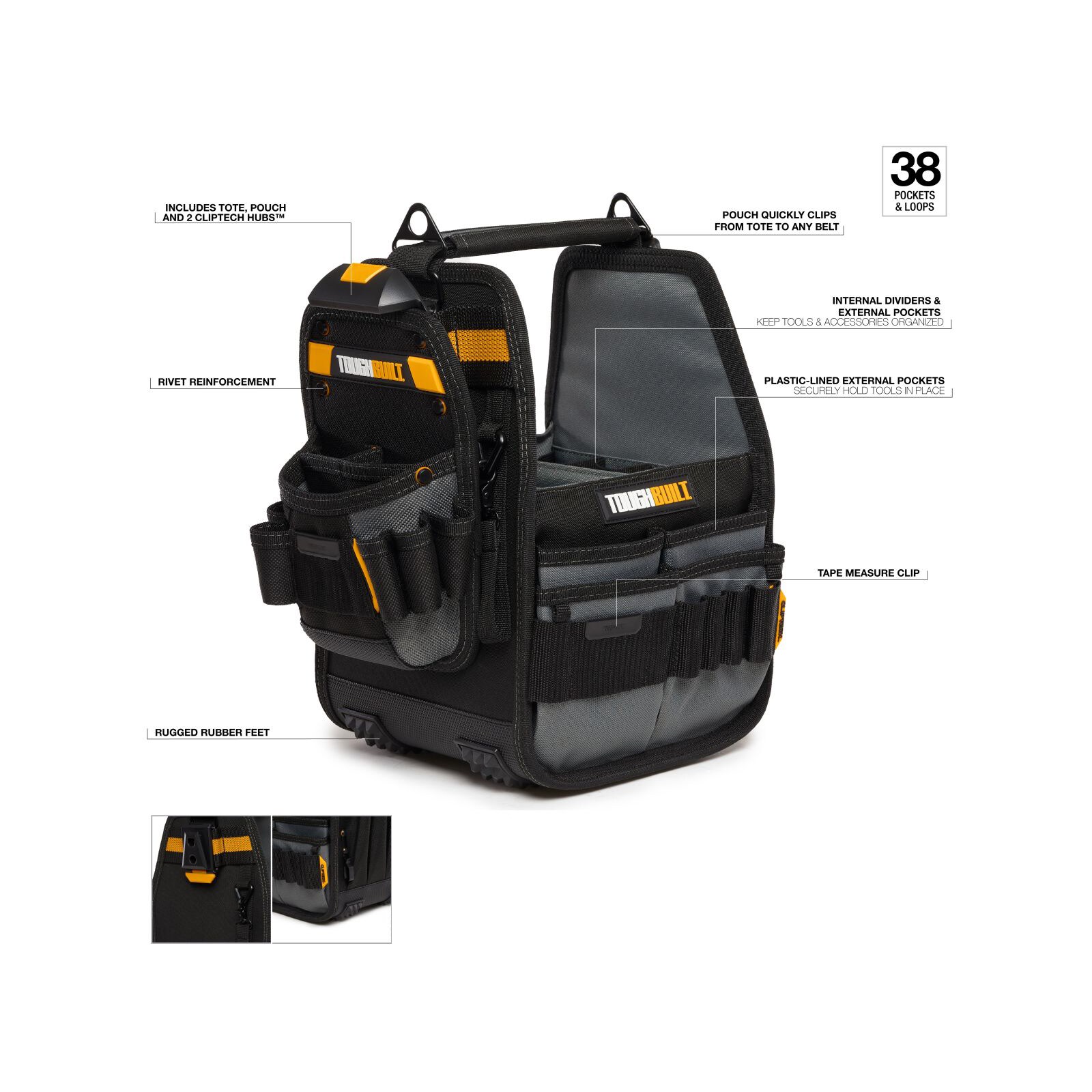 TOUGHBUILT Tote with Pouch Black Polyester 8-in Tool Tote