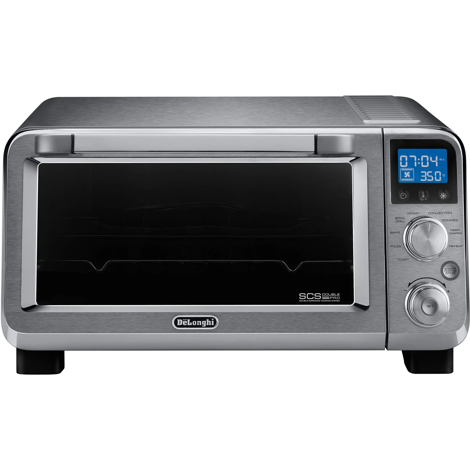 De-Longhi EO141150M Small Convection Toaster Oven For Countertop With internal light And 9 Preset Functions Including Pizza. Cookies. Roast. Broil. Bake. Easy to Use. 14L. Stainless Steel. 1800W