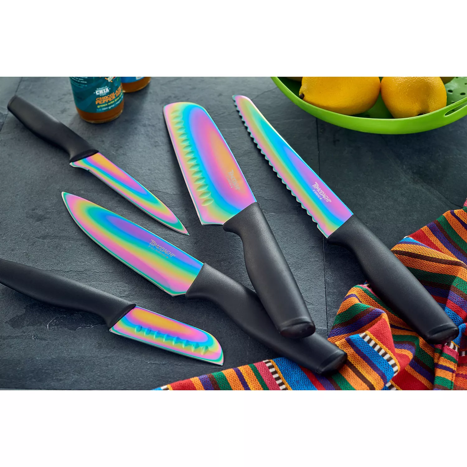 Tomodachi Rainbow Black 12-Piece Knife Set with Matching Blade Guards. Titanium