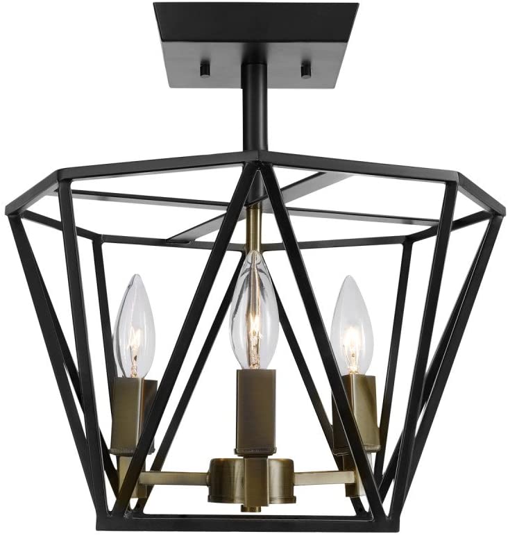 Globe Electric Sansa 3-Light Semi-Flush Mount Ceiling Light. Dark Bronze Finish. Antique Brass Accents