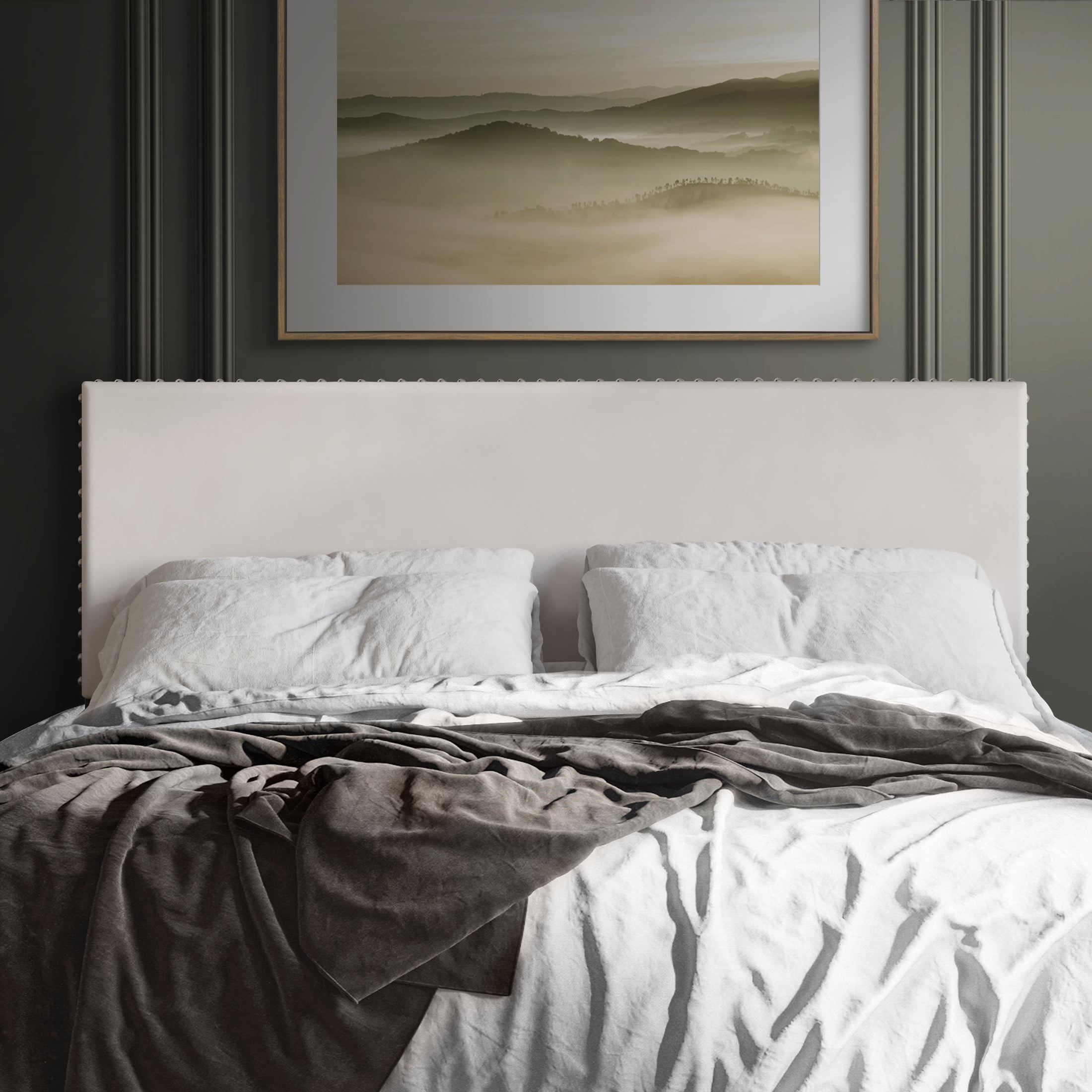 Castle Place Upholstered Nailhead Trim Velvet Headboard. Beige. Full