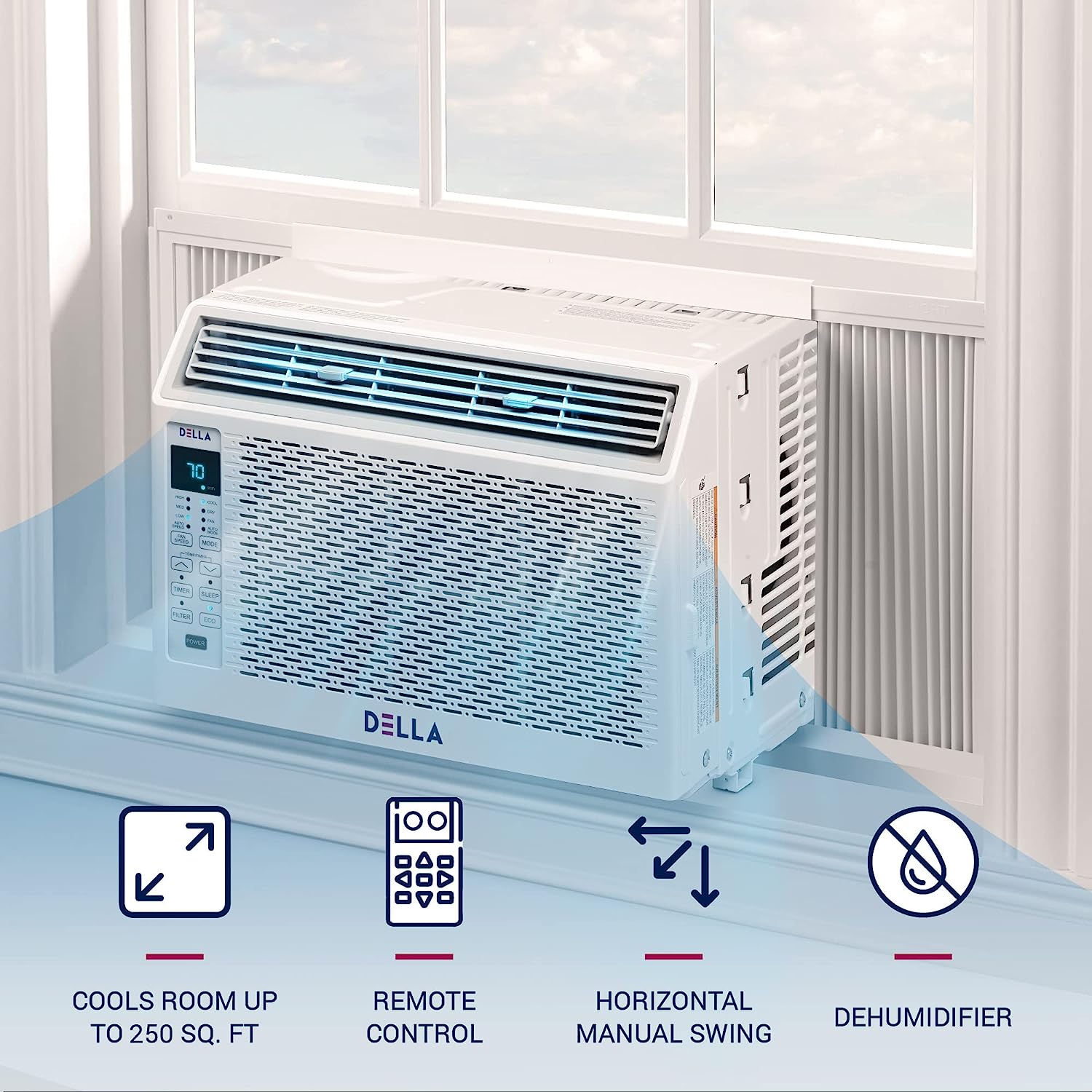 DELLA 6000 BTU 115V/60Hz Energy Saving Window Air Conditioner. Whisper Quiet AC Unit with WIFI Smart Controls. Remote. Dehumidifier. Fan. Cools Up to 250 Sq. Ft.