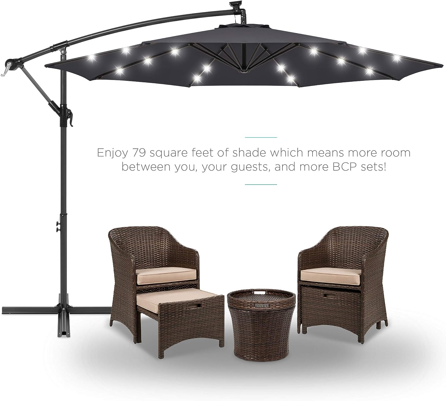 Best Choice Products 10ft Solar LED Offset Hanging Market Patio Umbrella for Backyard. Poolside. Lawn and Garden w/Easy Tilt Adjustment. Polyester Shade. 8 Ribs - Gray