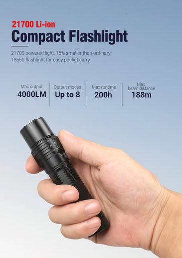 Klarus G15  Flashlight -21700 powered CREE XHP70 LED -4000LM w/Offset Mount