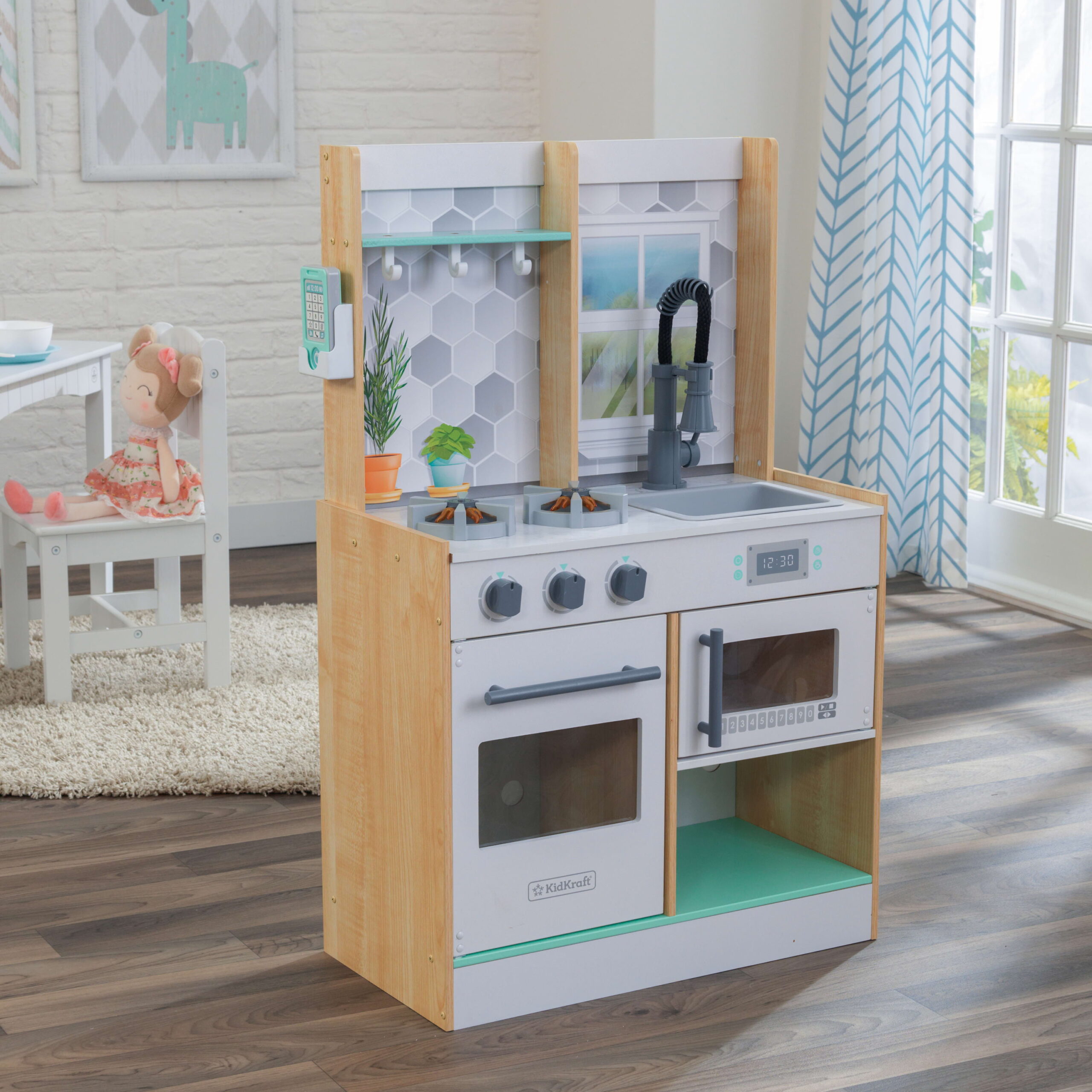 KidKraft Let-s Cook Wooden Play Kitchen - Natural with 1 Piece Accessory Play Set