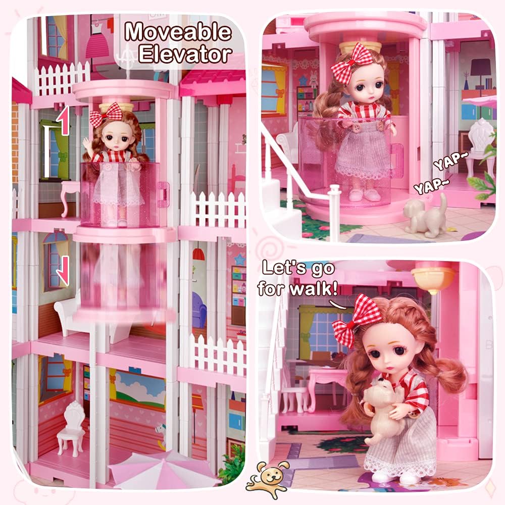 Dreamy Dollhouse Playset with Elevator.Slide.Stairway.Lights.Furniture.Accessories.Pretend Play Dreamhouse with 3 Dolls& 2 Pets.Best DIY Doll House for 3 4 5 6 7 8 Year Old Kids Girls (13 Rooms)