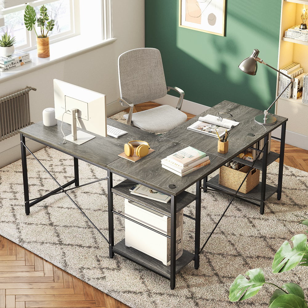 Bestier 95.5 inches L-Shaped Corner Computer Desk with Shelves Long Table in Grey