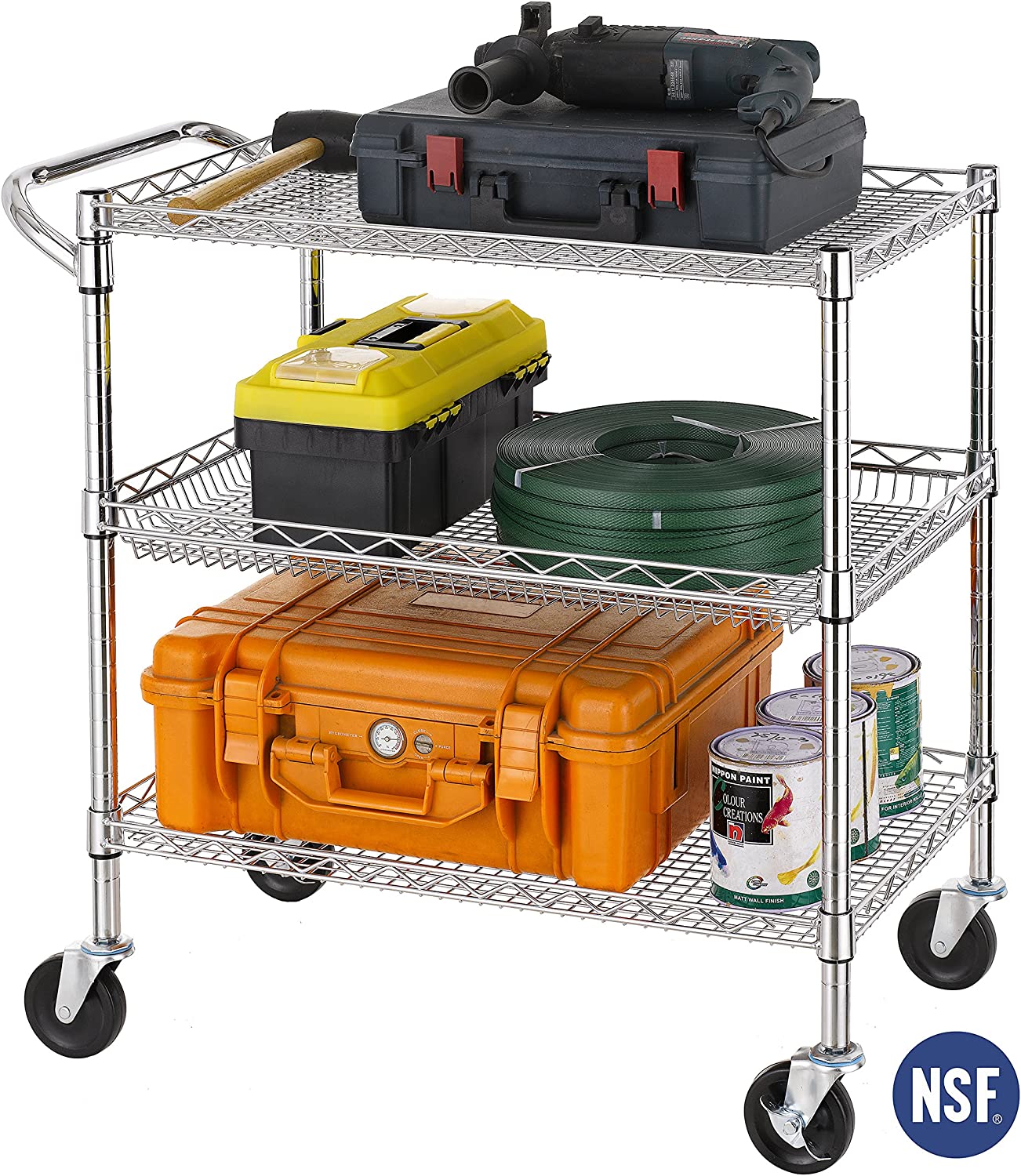 Finnhomy 3 Tier Heavy Duty Commercial Grade Utility Cart. Wire Rolling Cart with Handle Bar. Steel Service Cart with Wheels. Utility Shelf Plant Display Shelf Food Storage Trolley. NSF Listed
