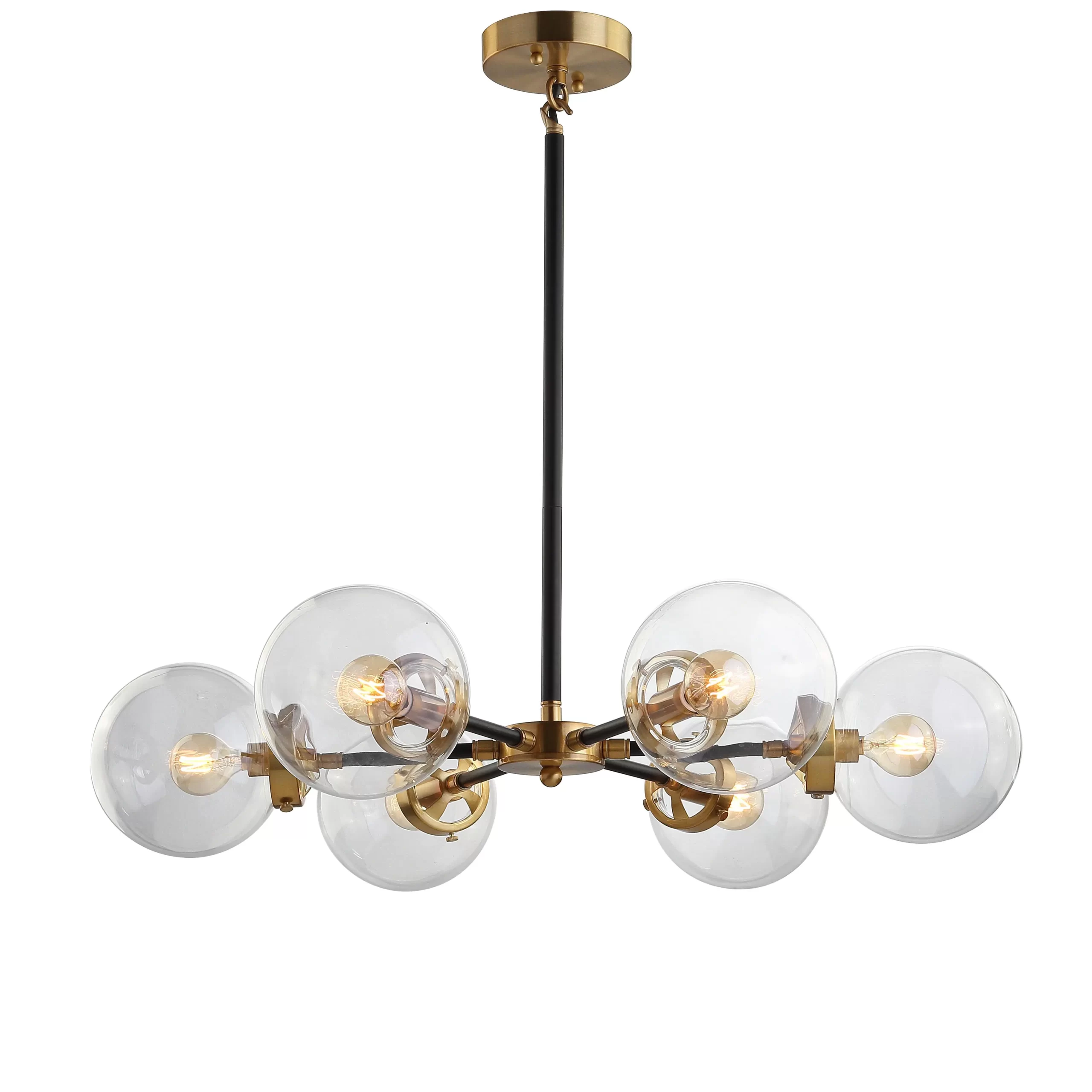 JONATHAN Y 304979418 Caleb 6-Light Black and Brass Cluster Pendant Light with Clear Glass Shades