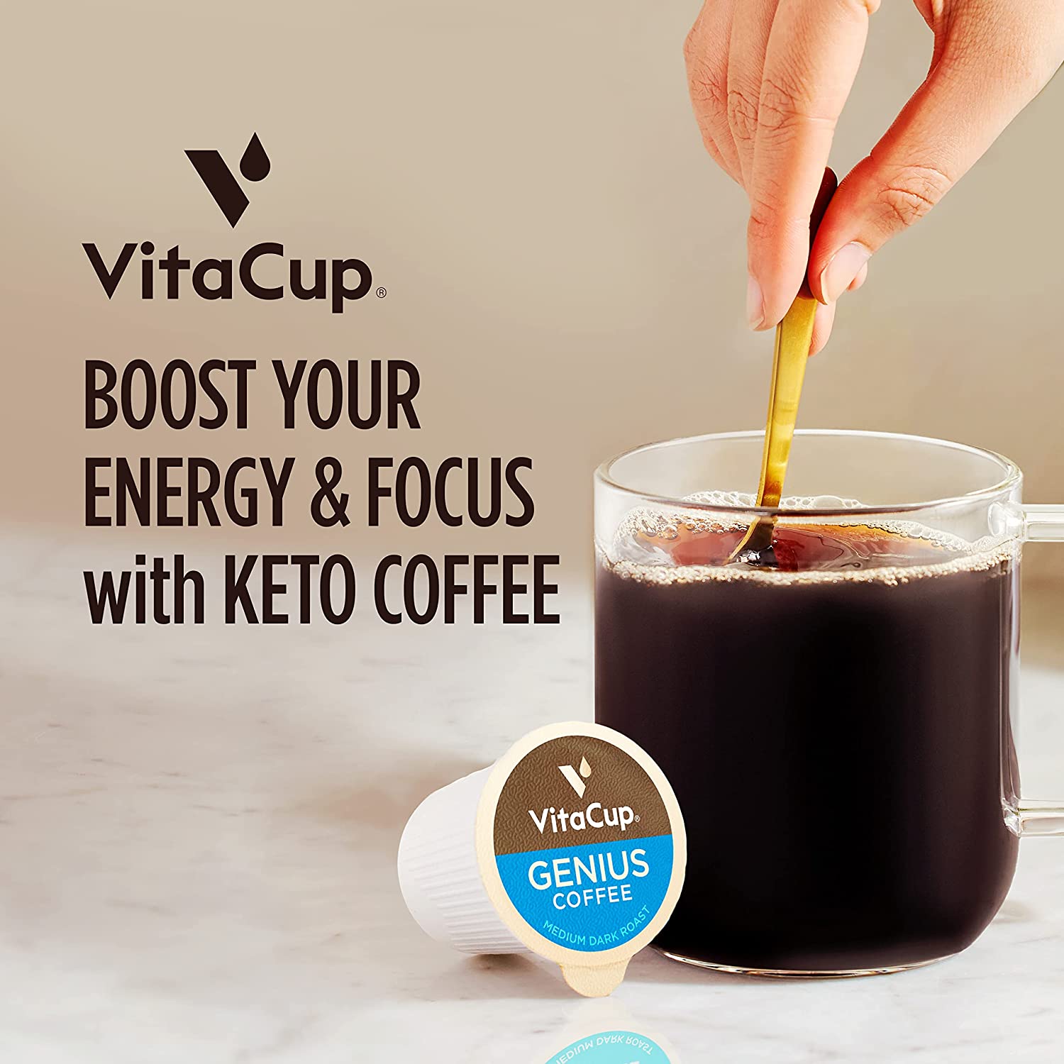 VitaCup Genius Coffee Pods. Increase Energy & Focus with MCT Oil. Turmeric. B Vitamins. D3. Medium Dark Roast. Bold. Smooth. Recyclable Single Serve Pod Compatible with Keurig K-Cup Brewers.24 Ct