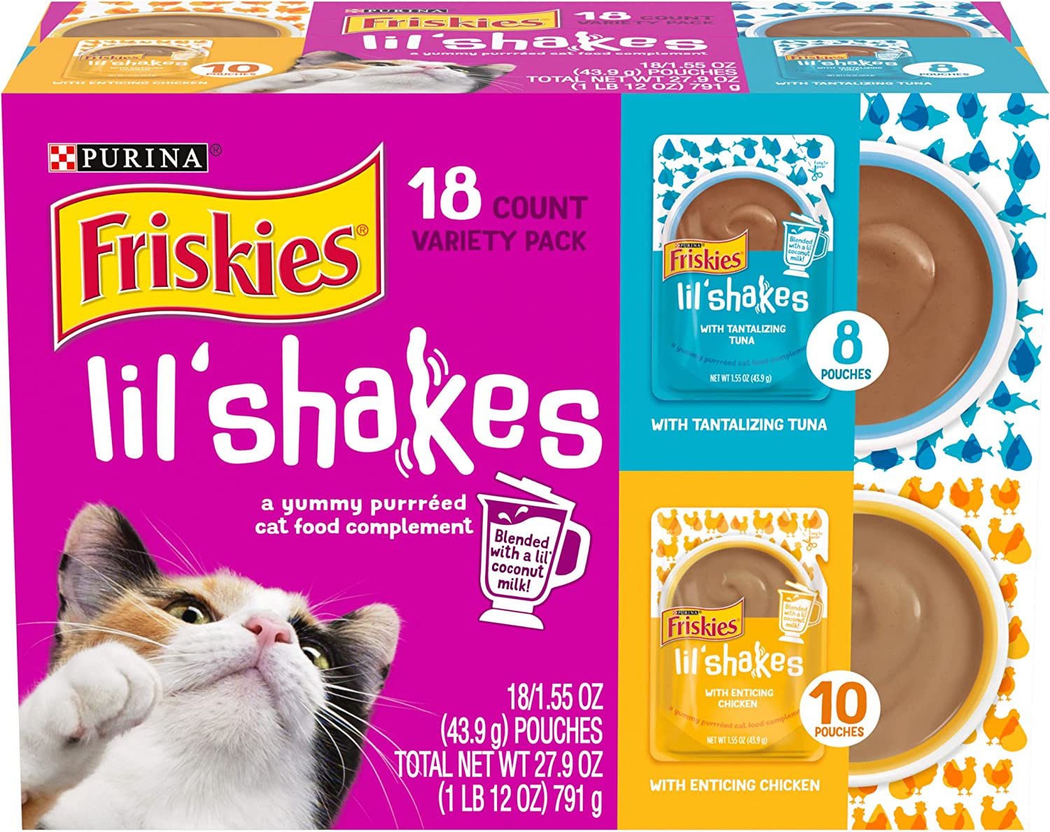 Purina Friskies Pureed Cat Food Topper Variety Pack Lil- Shakes with Chicken and with Tuna Varieties - (18) 1.55 oz. Pouches