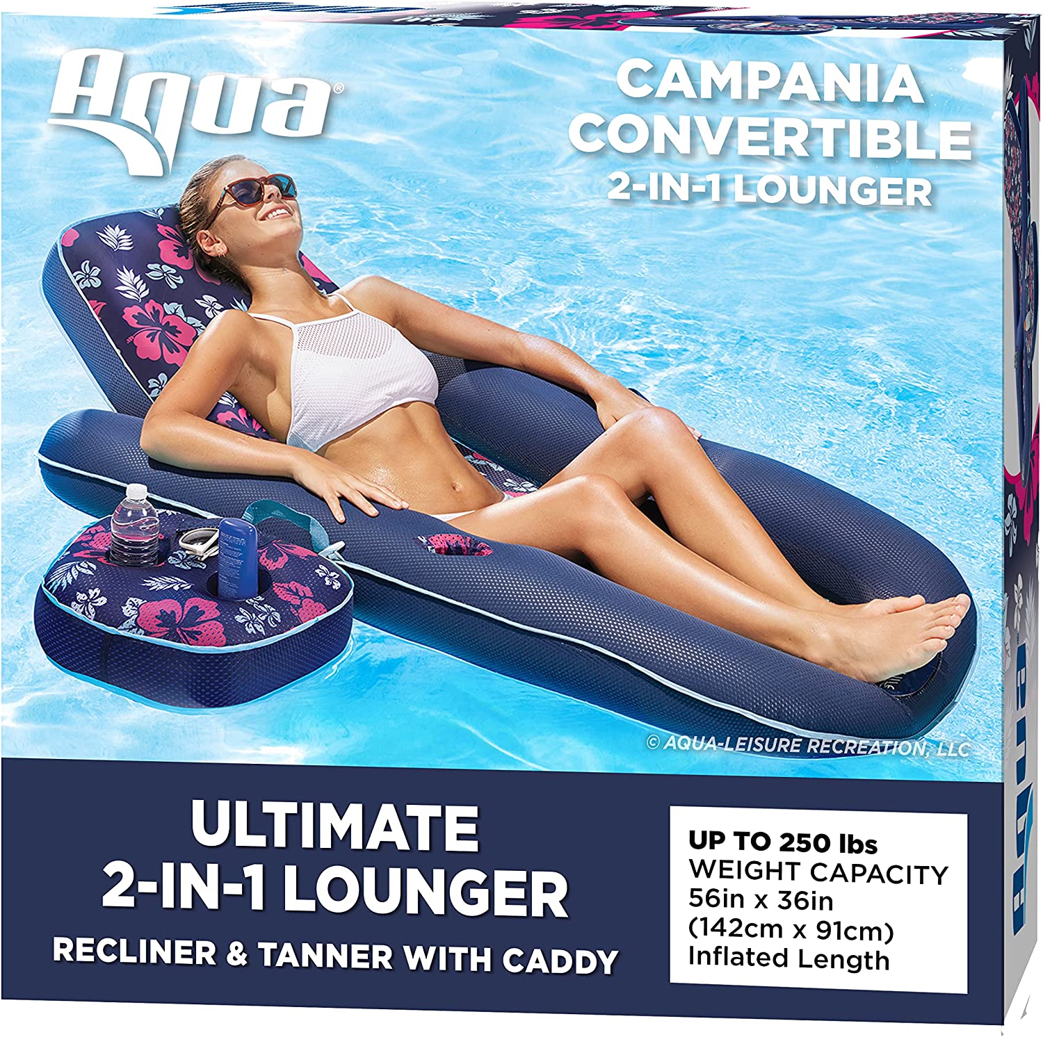 Aqua Campania Ultimate 2-in-1 Pool Float Lounge – Extra Large – Inflatable Pool Floats for Adults with Adjustable Backrest & Cupholder Caddy – Navy Hibiscus