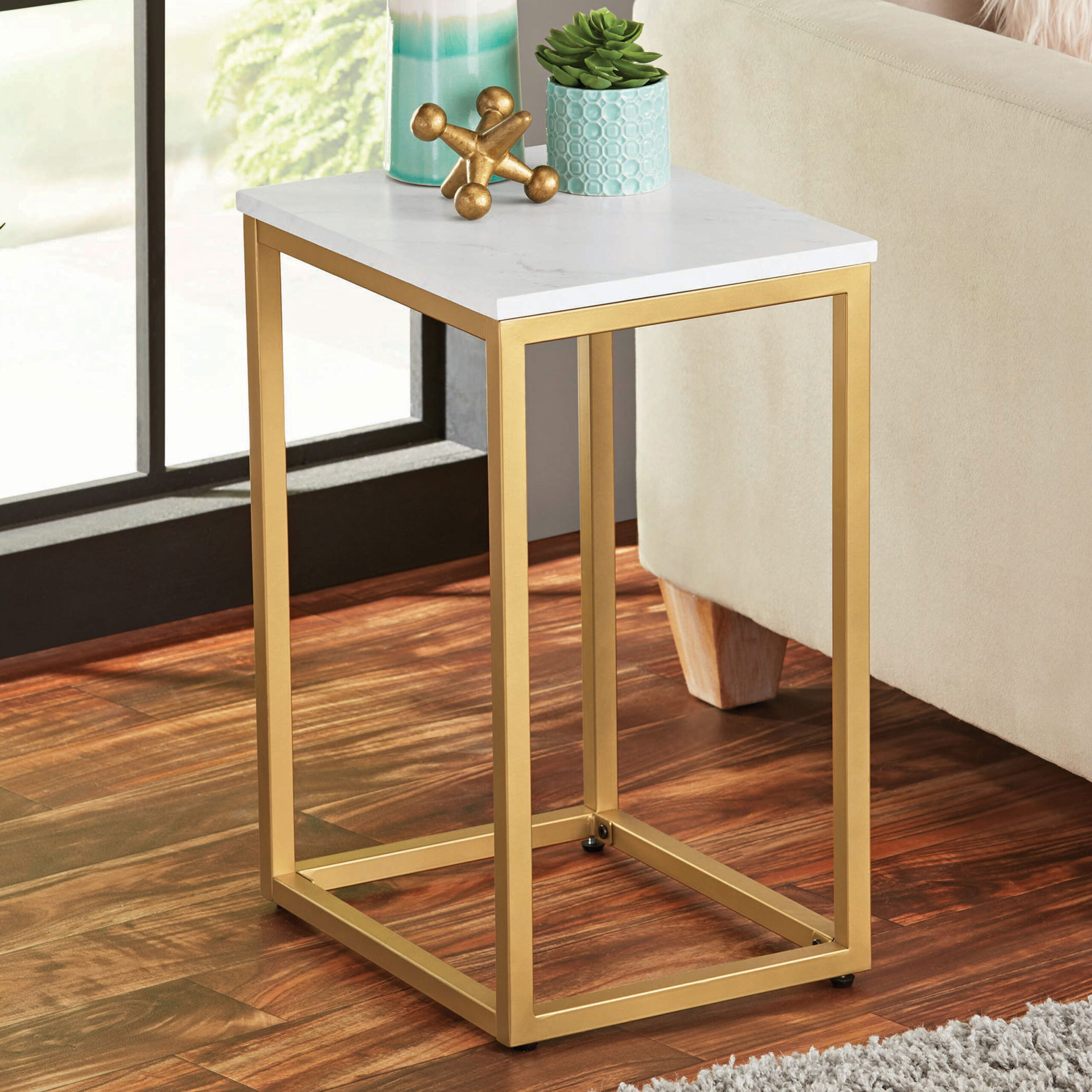 Mainstays End Table. White Top with Gold Frame