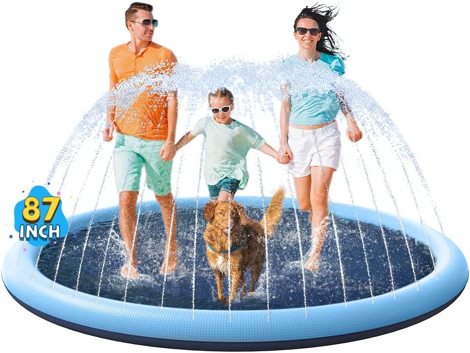 VISTOP Non-Slip Splash Pad for Kids and Dog. Thicken Sprinkler Pool Summer Outdoor Water Toys - Fun Backyard Fountain Play Mat for Baby Girls Boys Children or Pet Dog (87 inch. Blue&Blue)