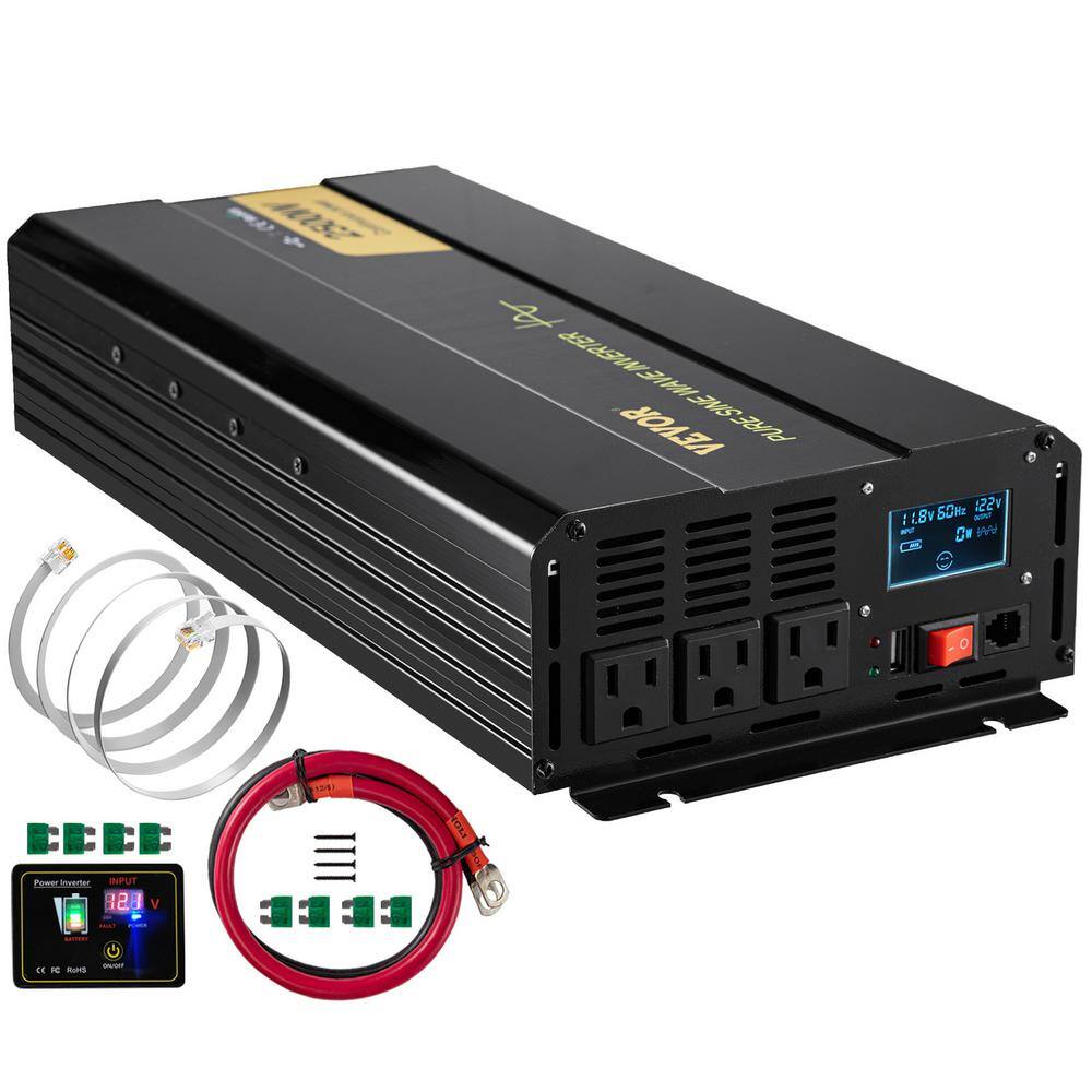 VEVOR CZXNBQDMKWKDDF3BRV9 Pure Sine Wave Power Inverter 2500-Watt Car Inverter DC 12-Volt to AC 120-Volt with USB Port LCD Display Remote Control