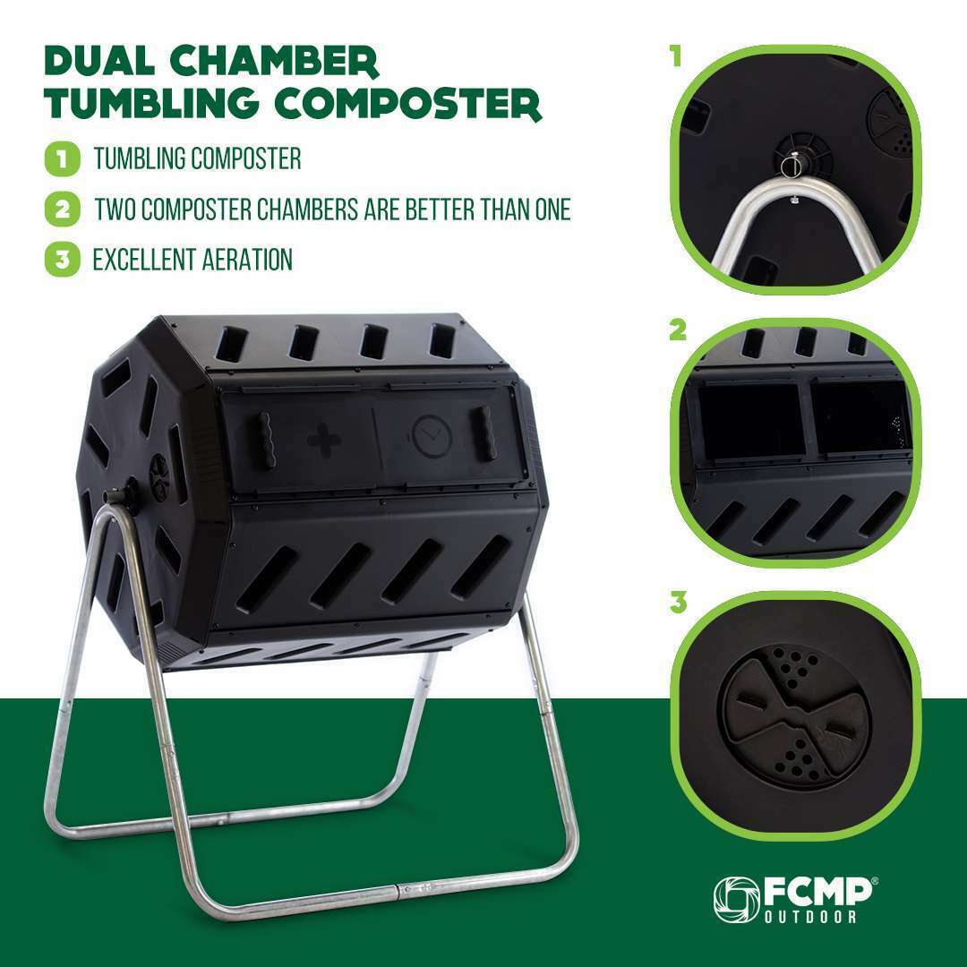 FCMP Outdoor IM4000 Tumbling Composter with Two Chambers for Efficient Batch Composting