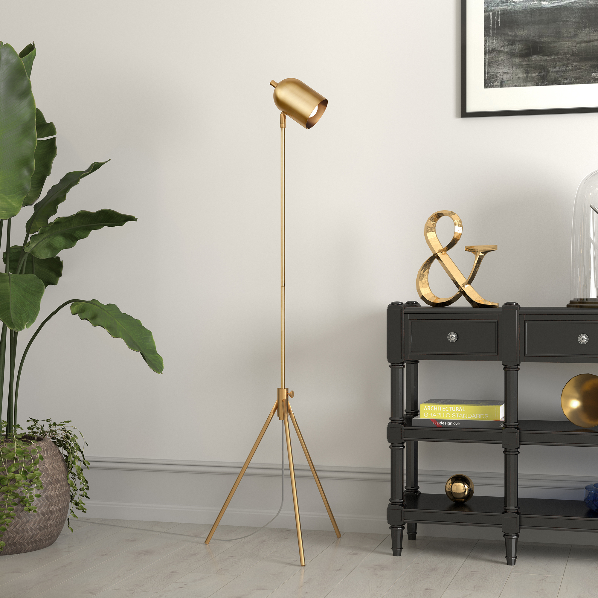 Evelyn&Zoe Modern 56 in 1-Light Adjustable Height Floor Lamp. Gold
