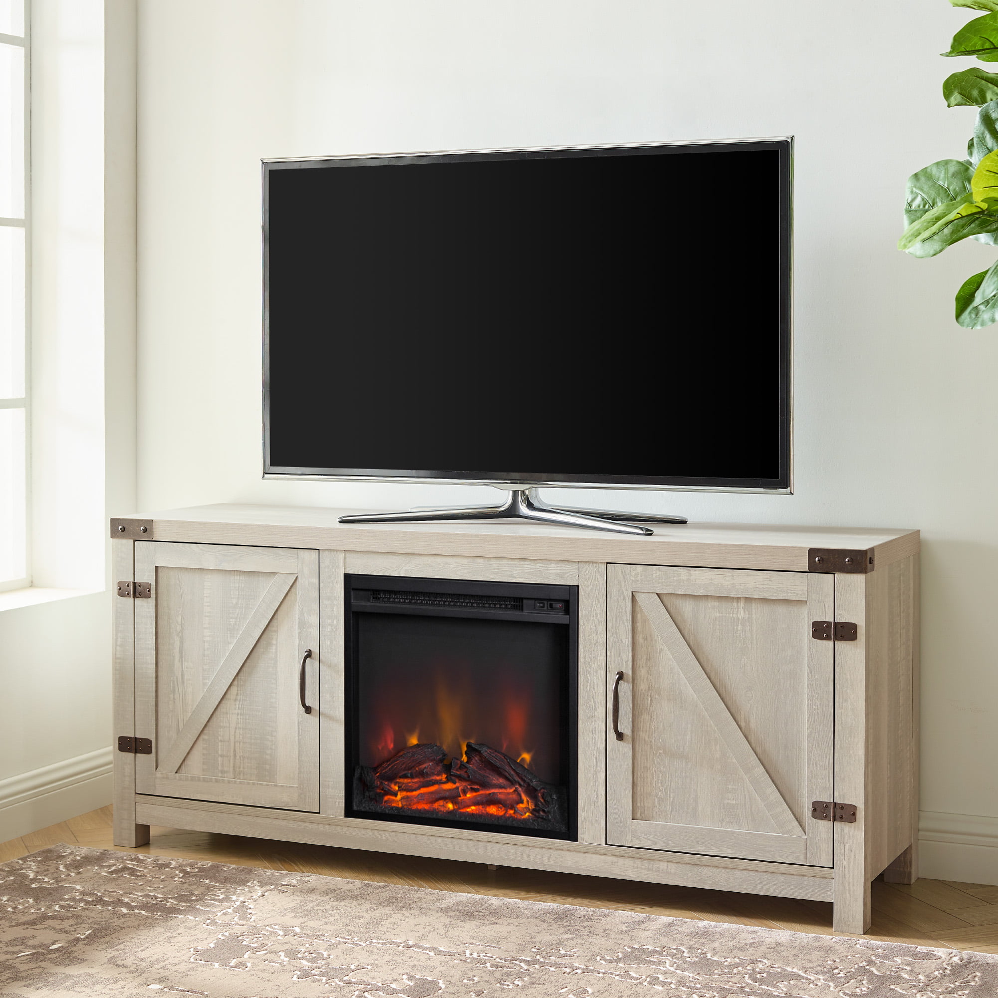 Woven Paths Modern Farmhouse Fireplace TV Stand for TVs up to 65″. Stone Grey
