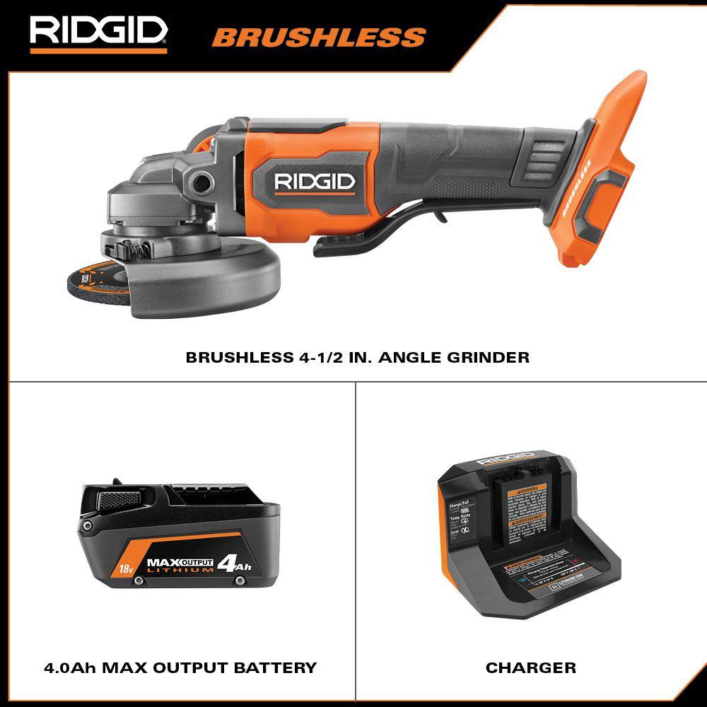 RIDGID R86047KN 18V Brushless Cordless 4-1/2 in. Angle Grinder Kit with 4.0 Ah Battery and Charger