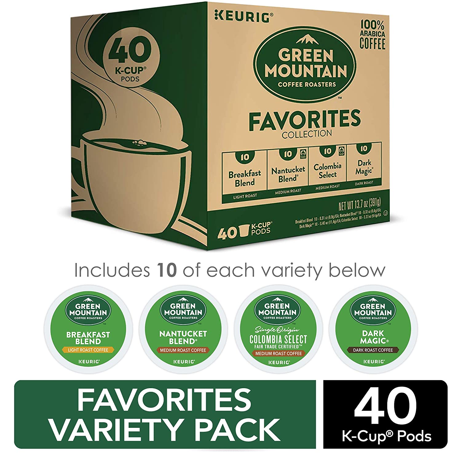 Keurig Green Mountain Coffee Roasters Favorites Collection Variety Pack. Single-Serve Coffee K-Cup Pods Sampler. 40 Count