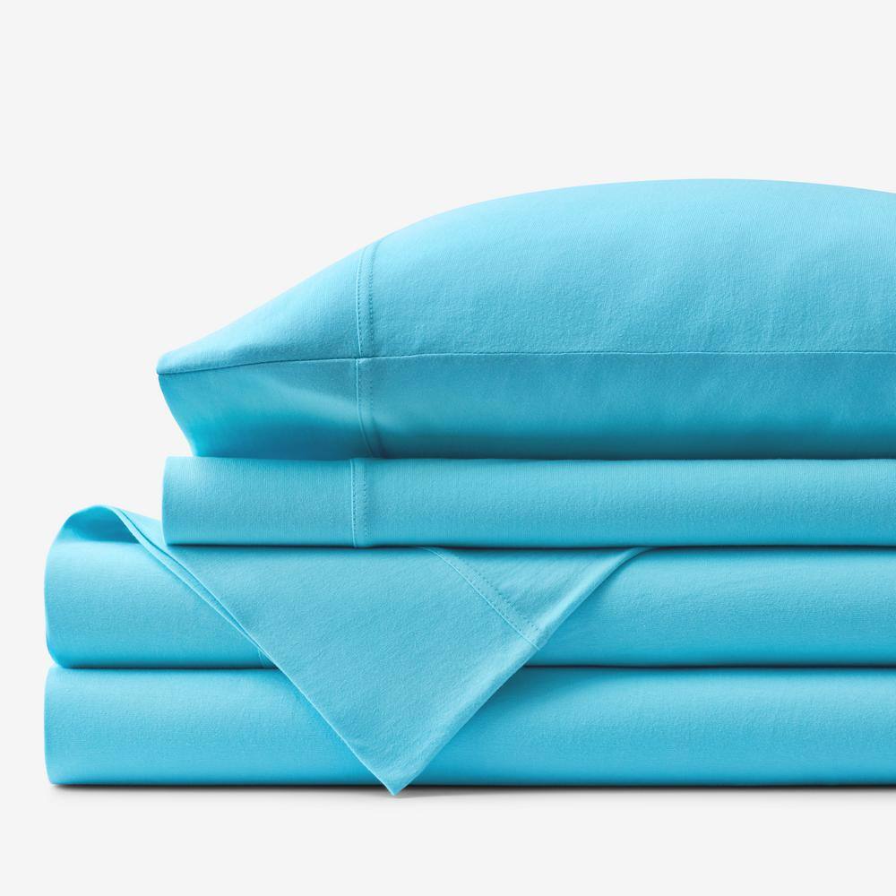 The Company Store  Company Cotton 4-Piece Turquoise Solid Cotton Jersey Knit Queen Sheet Set - Turquoise