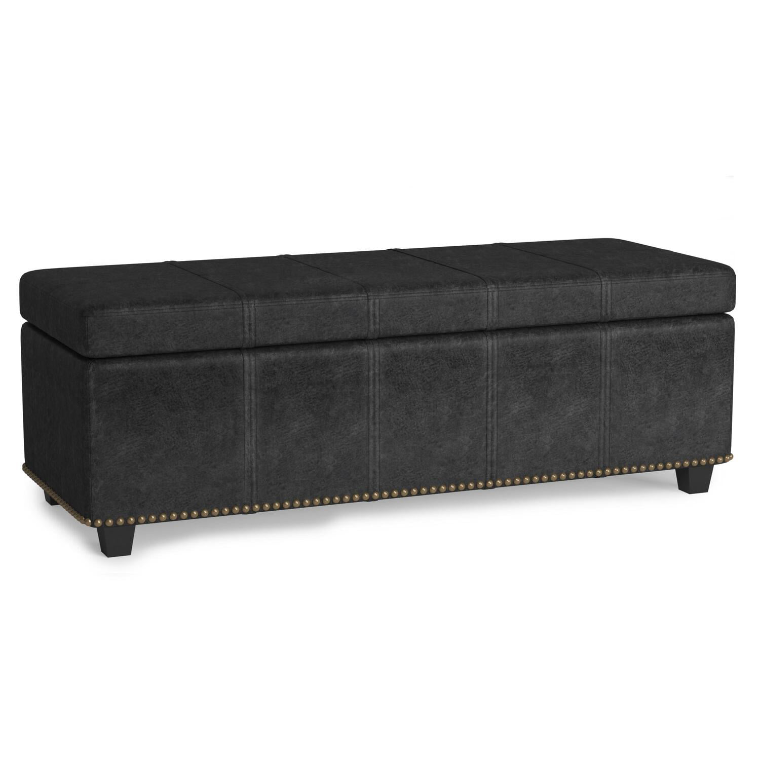Simpli Home Kingsley Large Storage Ottoman-Finish:Distressed Black.Style:Faux Air Leather
