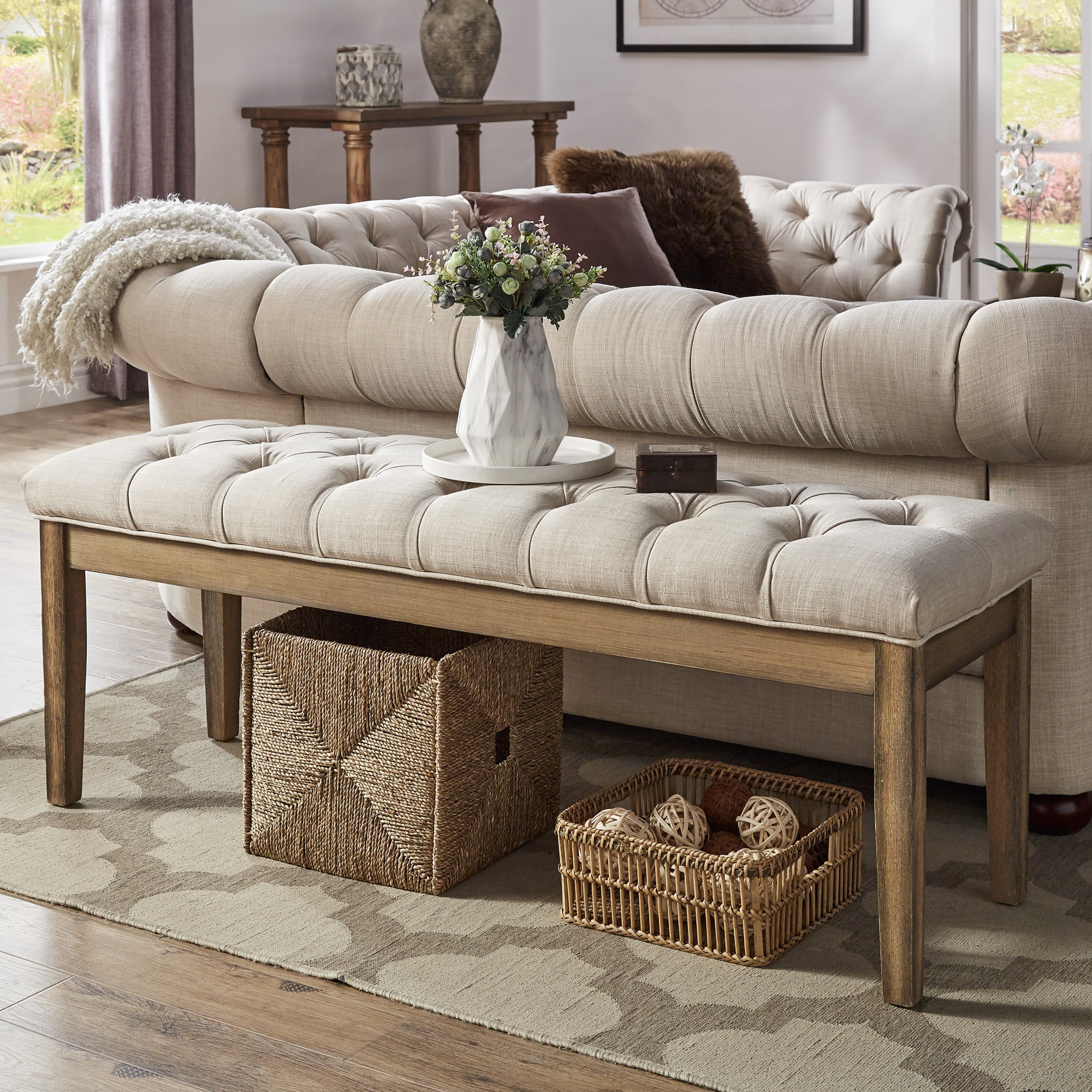 Weston Home 52″W Bench with Natural Wood. Beige Linen