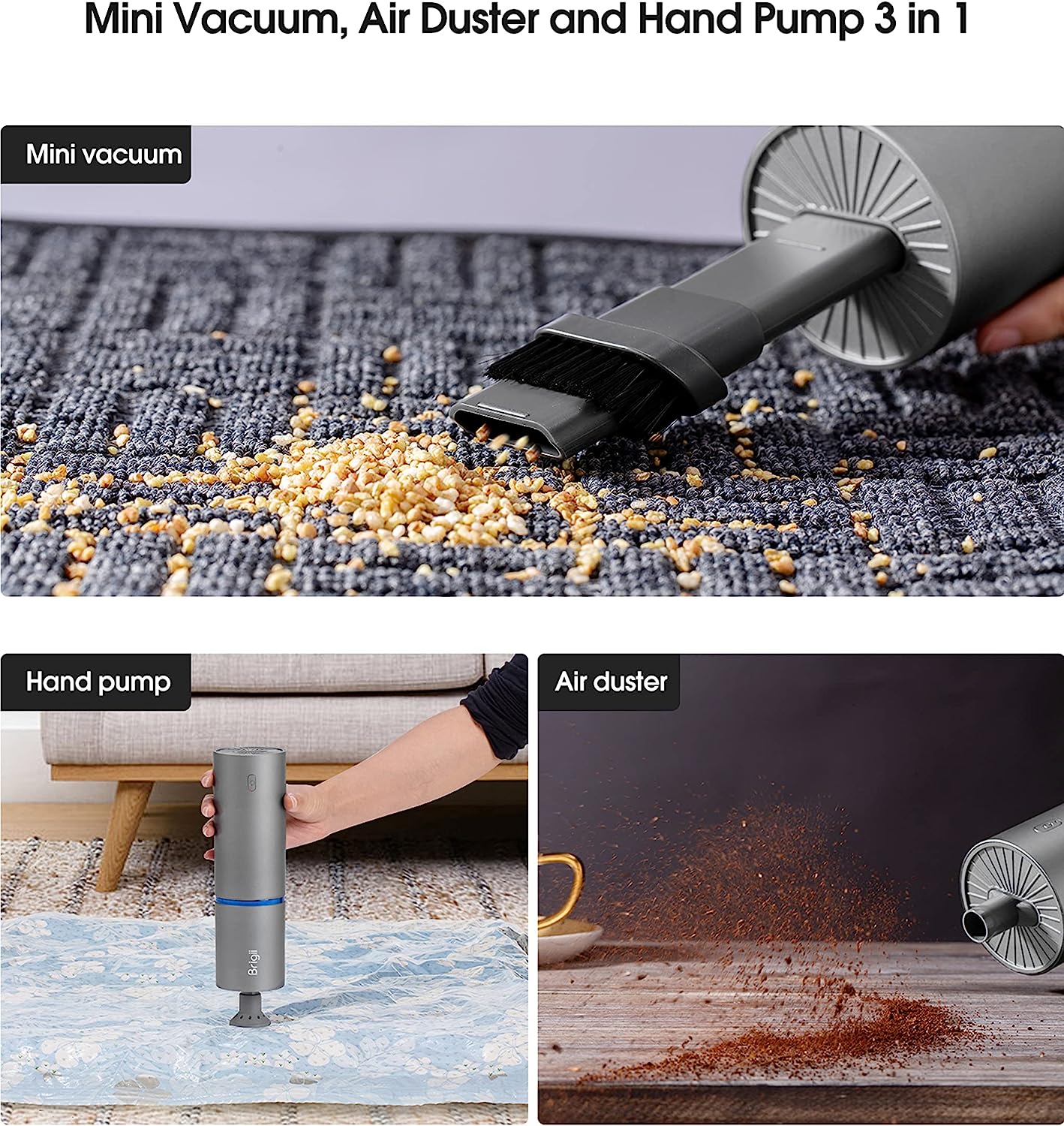 Brigii Mini Vacuum. Air Duster and Hand Pump 3 in 1. Small Cordless Handheld Vacuum. USB Rechargeable. Easy to Clean Desktop. Keyboard. Drawer. Car Interior and Other Crevices. Small Spaces -Y120 Pro