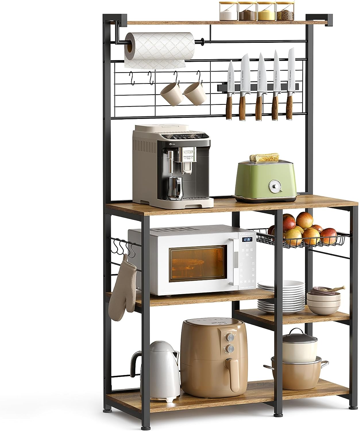 VASAGLE Bakers Rack with Magnetic Knife Holder. Paper Holder. Wire Basket. 8 Hooks. Organizers and Storage. Baker-s Rack with Wire Basket. Ebonized Oak Finish and Black UKKS026B42