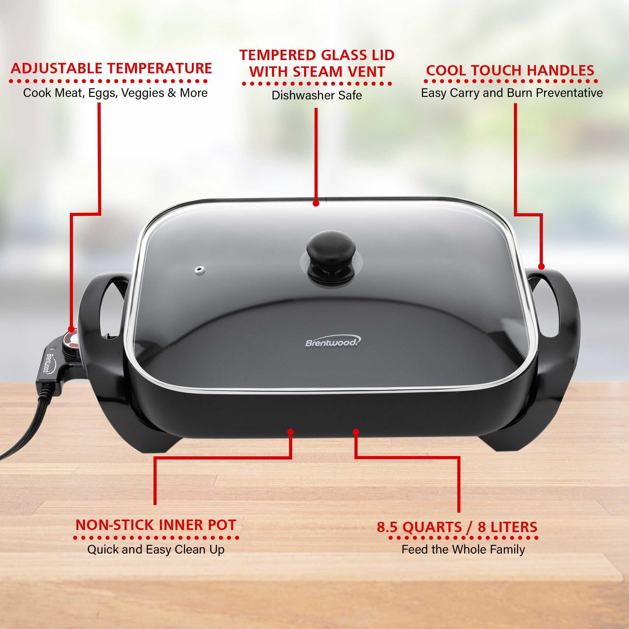 Brentwood 16″ Electric Skillet with Glass Lid - Non-Stick. Adjustable Temperature. Black