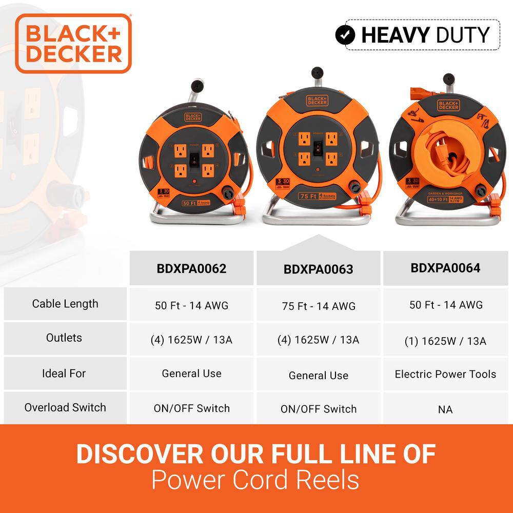 BLACK + DECKER BDXPA0063 75 ft. 4 Outlets Retractable Extension Cord with 14 AWG SJTW Cable Outdoor Power Cord Reel